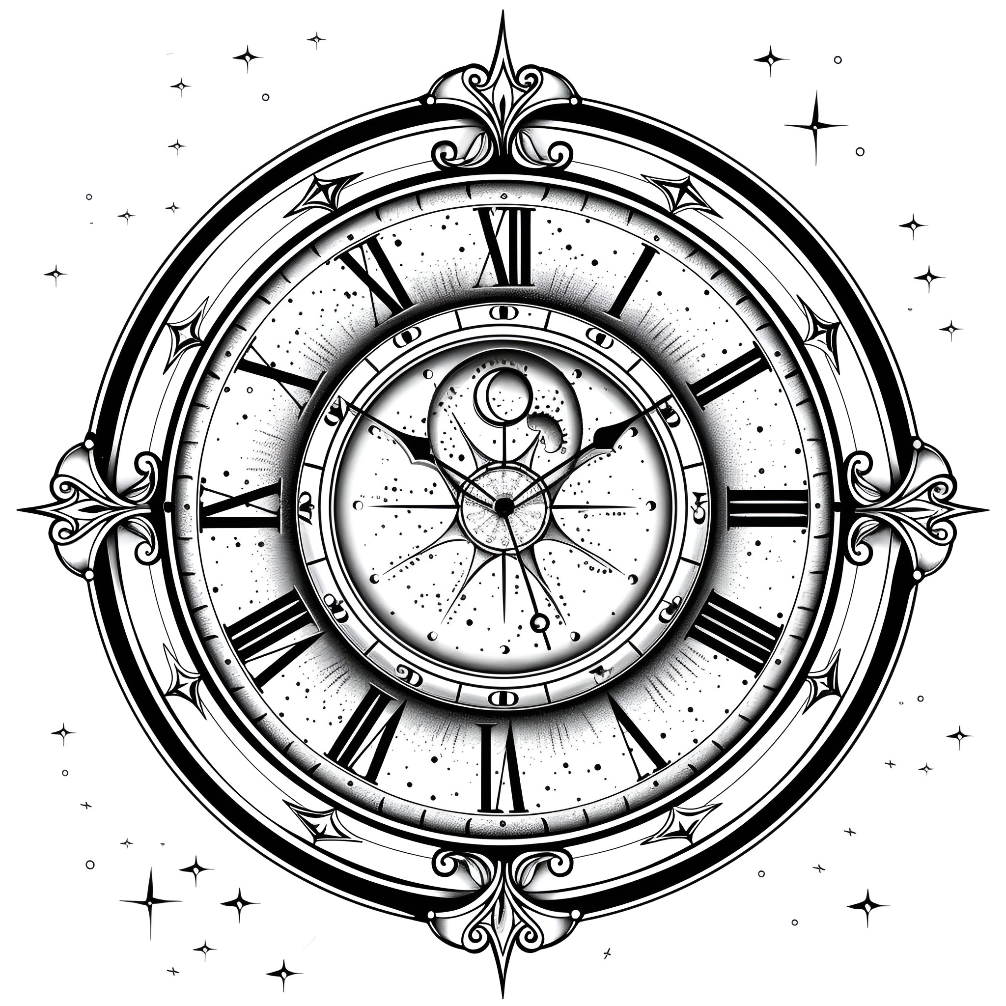 Tattoo Sketch of Celestial Clock Drawing Idea (free black-and-white line drawing printable PDF for all, from beginners to advanced learners, including children, teens, adults, and seniors)