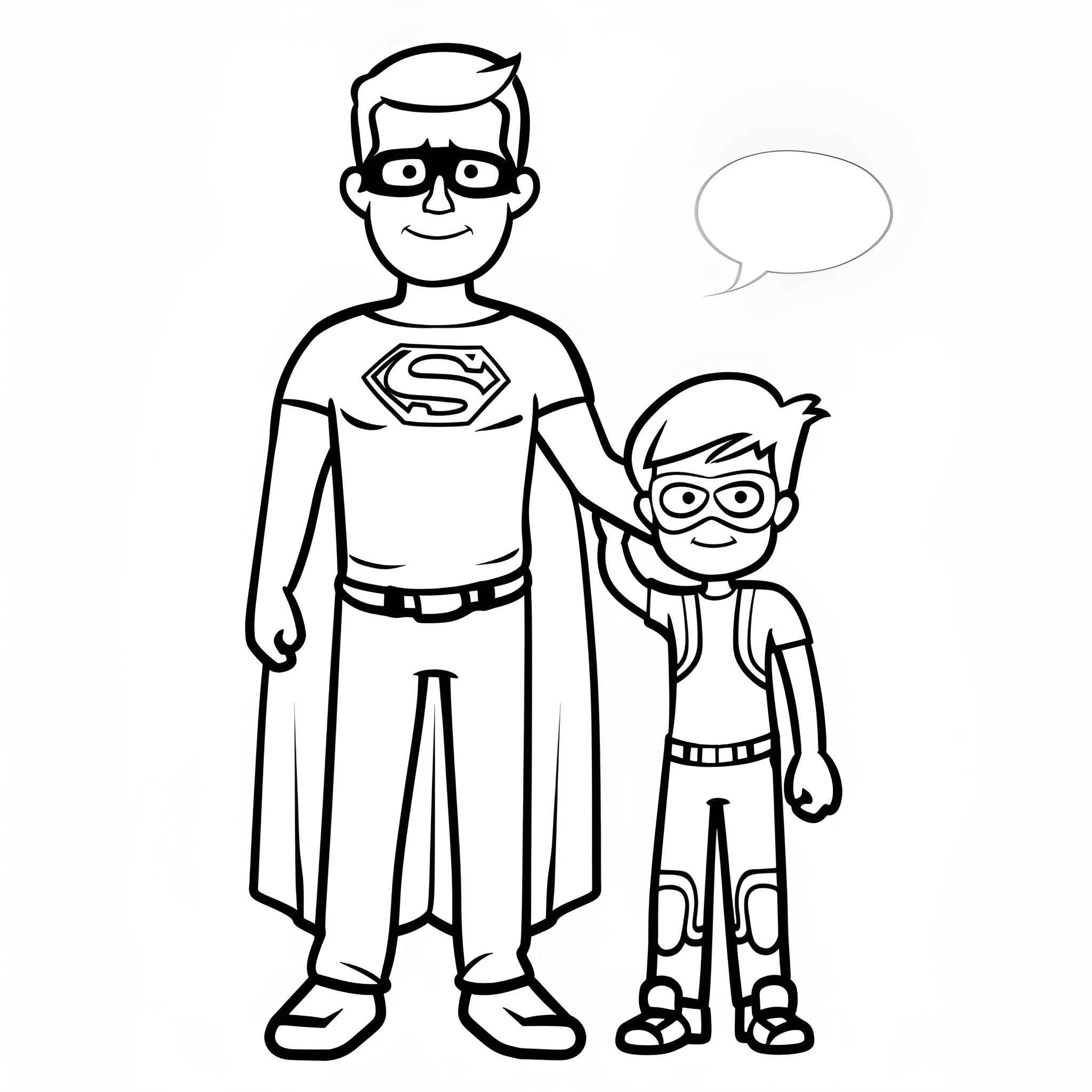 Father's Day superhero bonding Drawing Idea (free black-and-white line drawing printable PDF for all, from beginners to advanced learners, including children, teens, adults, and seniors)
