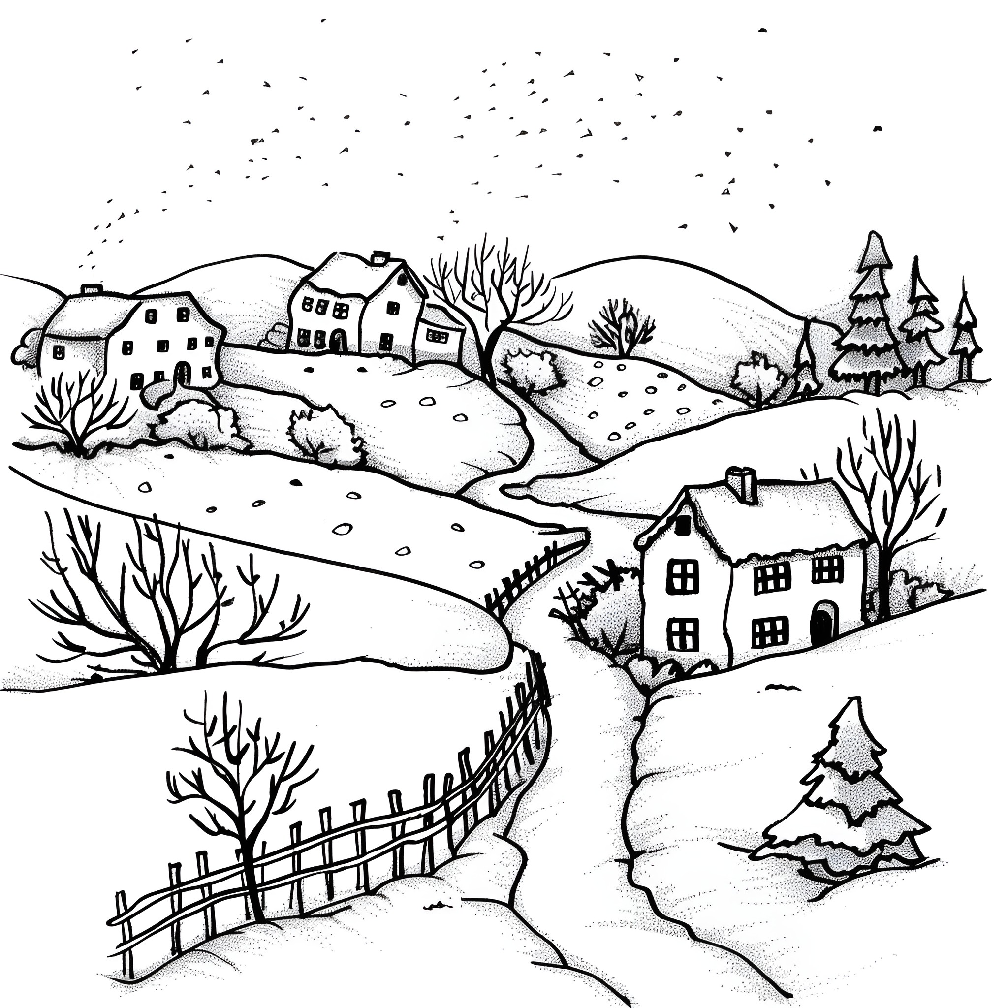 Landscape with cozy cottages and snowy scenery Drawing Idea (free black-and-white line drawing printable PDF for all, from beginners to advanced learners, including children, teens, adults, and seniors)