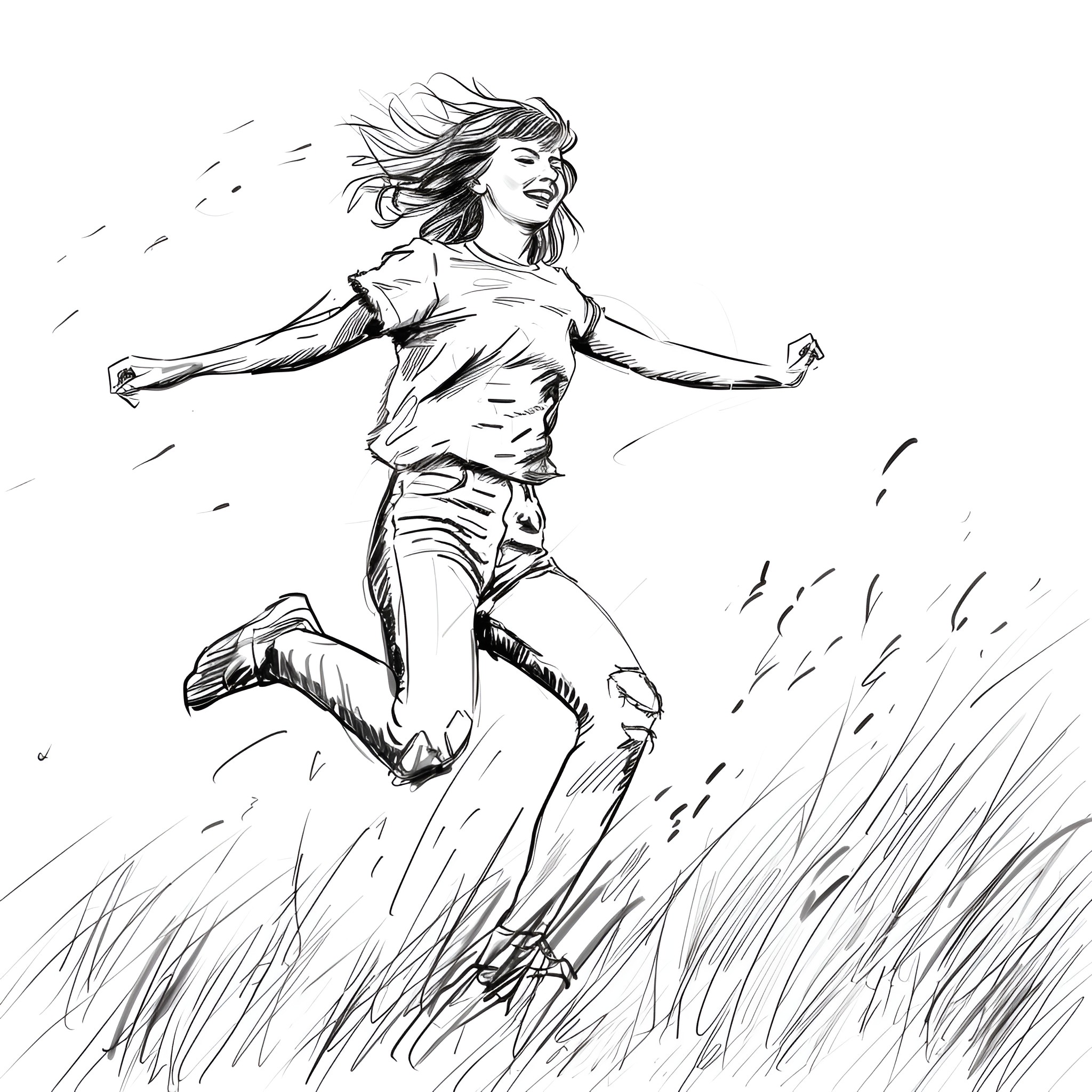 Taylor Swift joyfully running through a field Drawing Idea (free black-and-white line drawing printable PDF for all, from beginners to advanced learners, including children, teens, adults, and seniors)