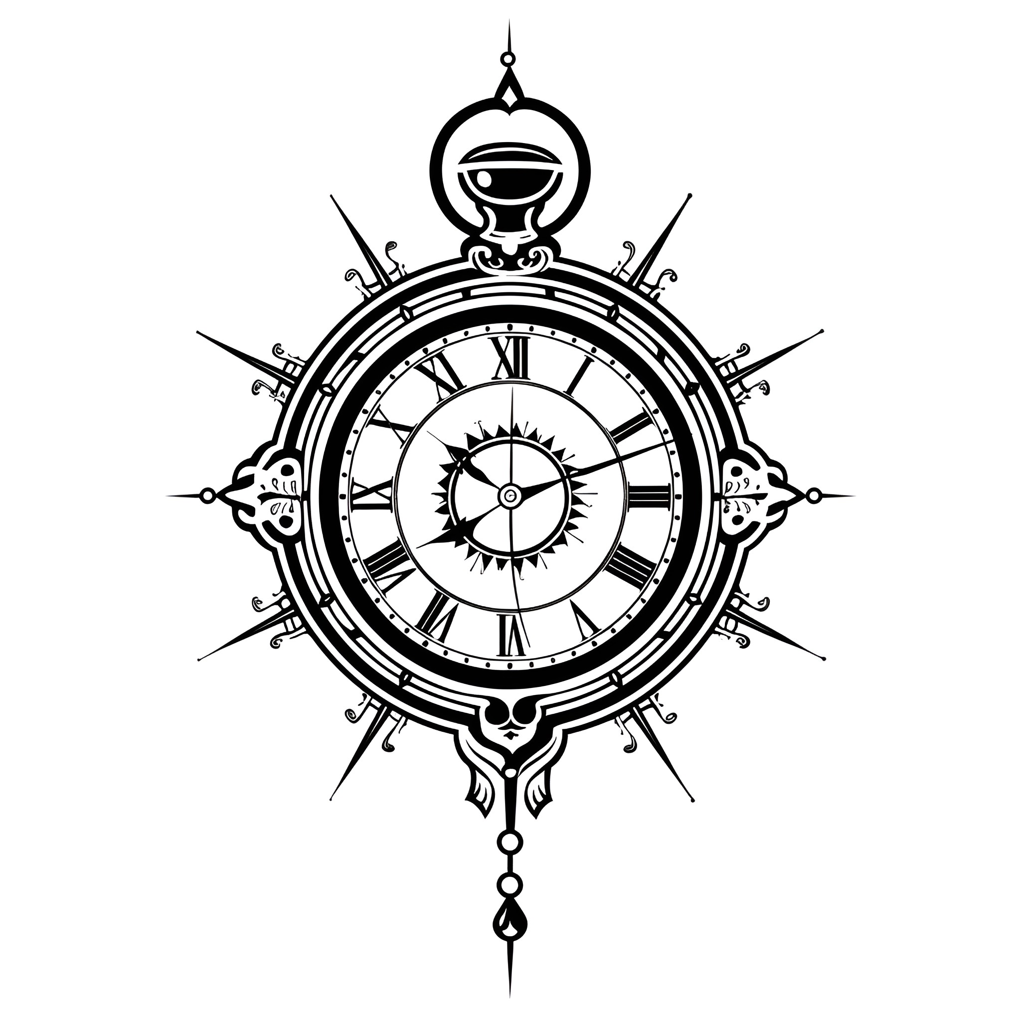 Tattoo Sketch of Antique Clock with Ornate Details Drawing Idea (free black-and-white line drawing printable PDF for all, from beginners to advanced learners, including children, teens, adults, and seniors)