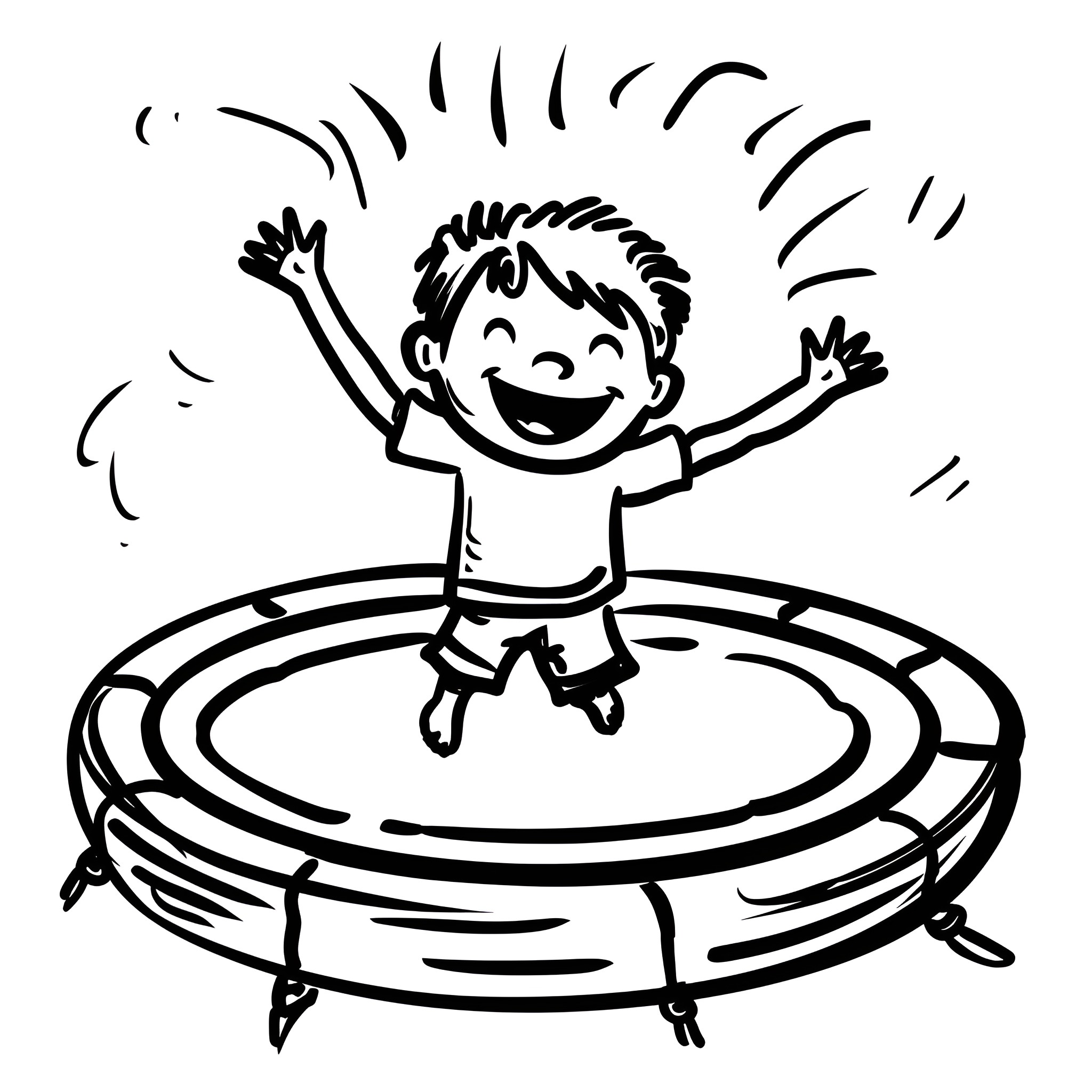 Fun energetic boy jumping on trampoline Drawing Idea (free black-and-white line drawing printable PDF for all, from beginners to advanced learners, including children, teens, adults, and seniors)