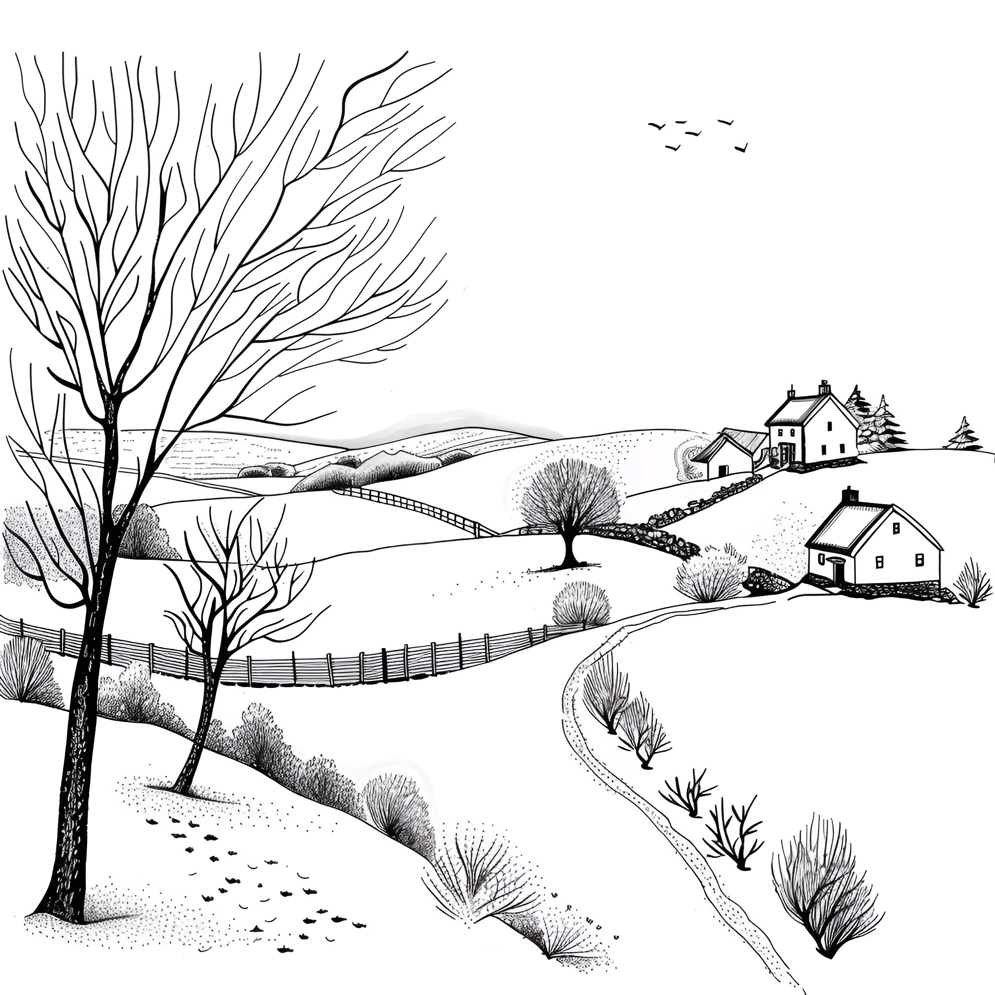 Landscape with rural buildings and bare trees Drawing Idea (free black-and-white line drawing printable PDF for all, from beginners to advanced learners, including children, teens, adults, and seniors)