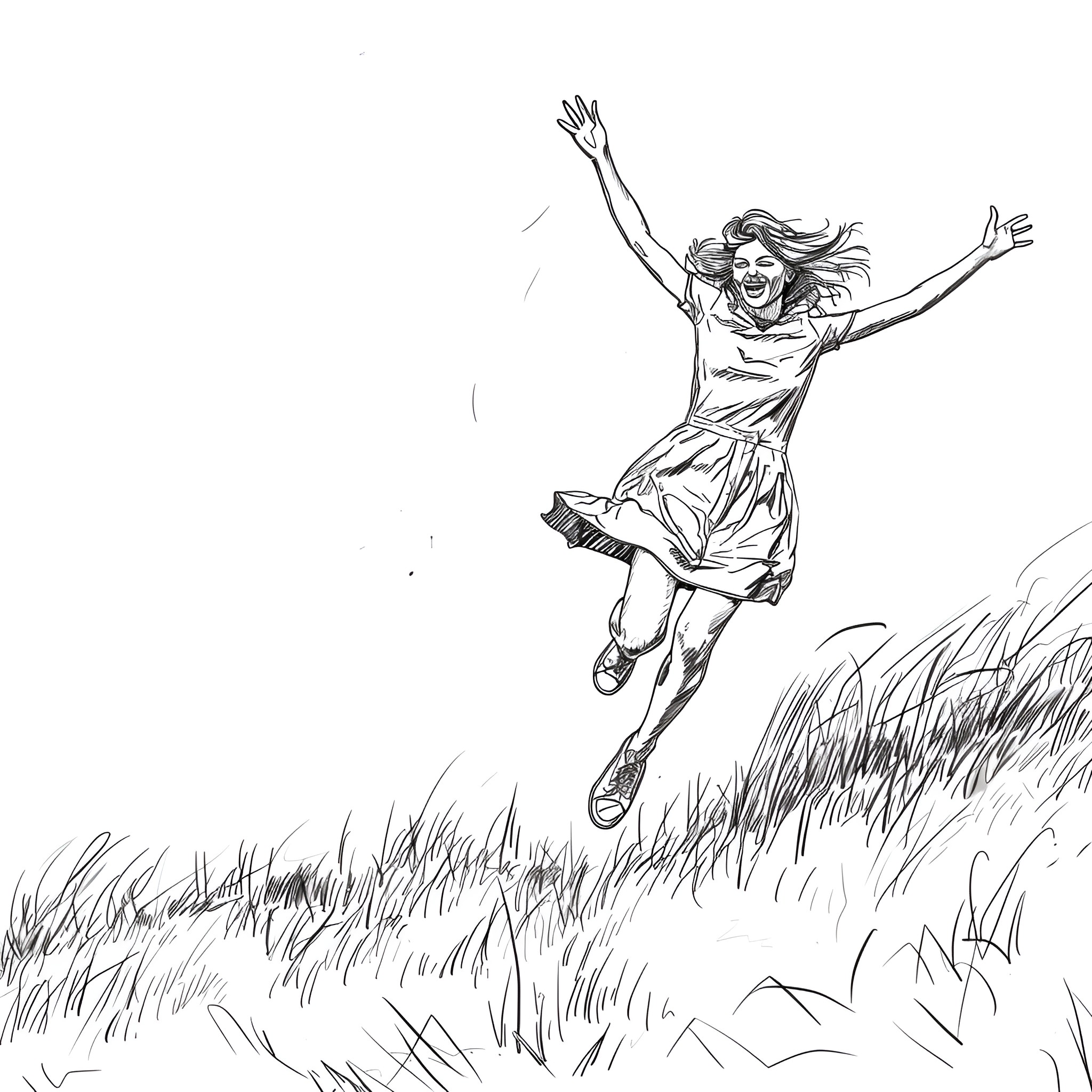 Taylor Swift leaping joyfully in the meadow Drawing Idea (free black-and-white line drawing printable PDF for all, from beginners to advanced learners, including children, teens, adults, and seniors)