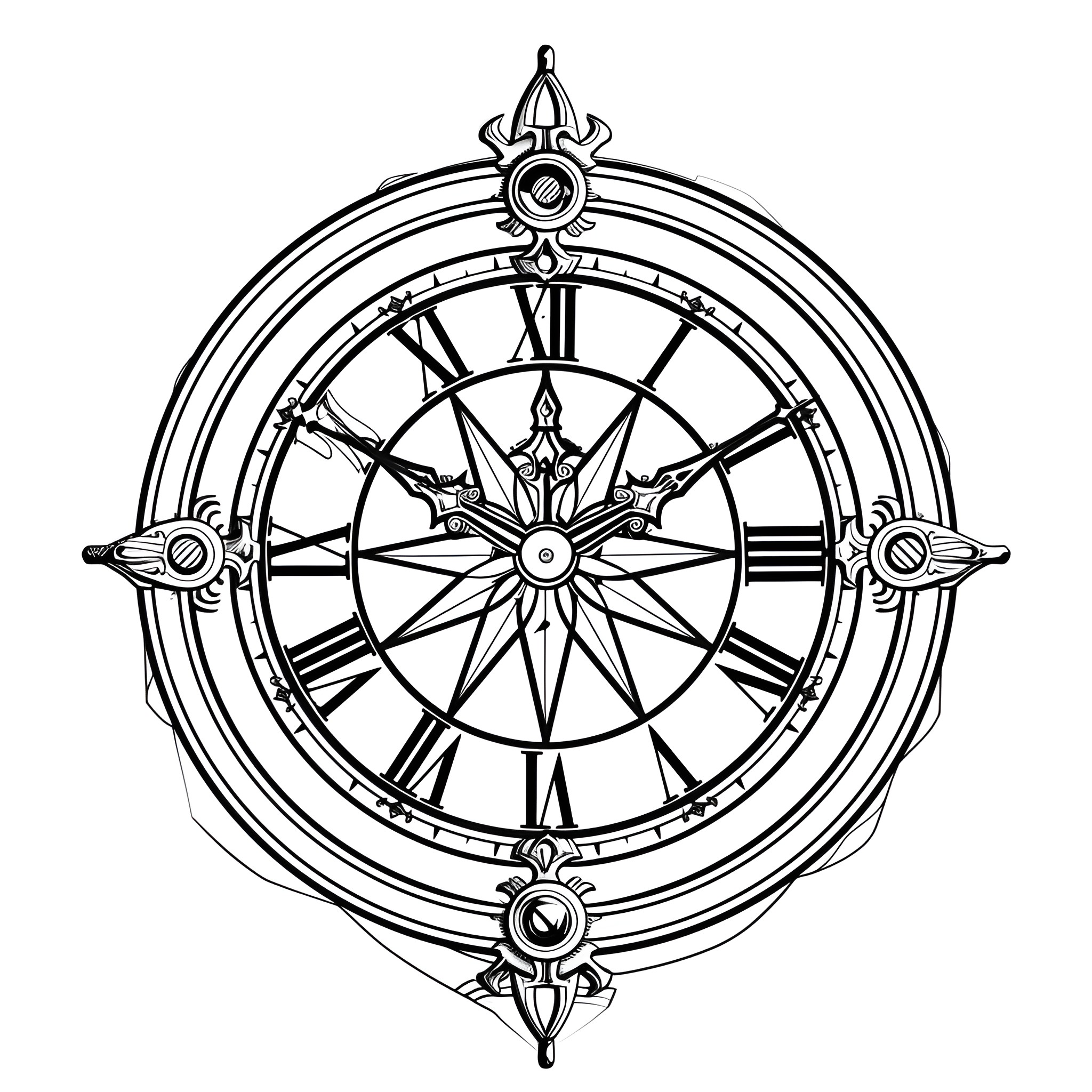 Tattoo Sketch of Ornate Compass Drawing Idea (free black-and-white line drawing printable PDF for all, from beginners to advanced learners, including children, teens, adults, and seniors)