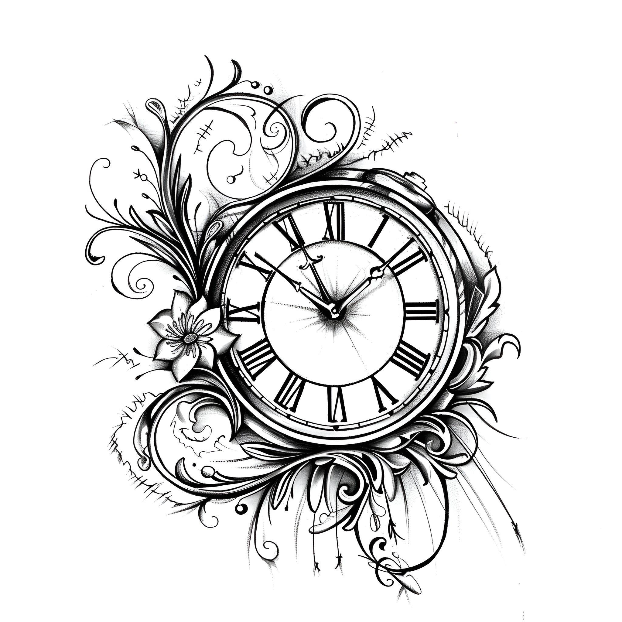 Tattoo Sketch of Ornate Clock with Floral Designs Drawing Idea (free black-and-white line drawing printable PDF for all, from beginners to advanced learners, including children, teens, adults, and seniors)