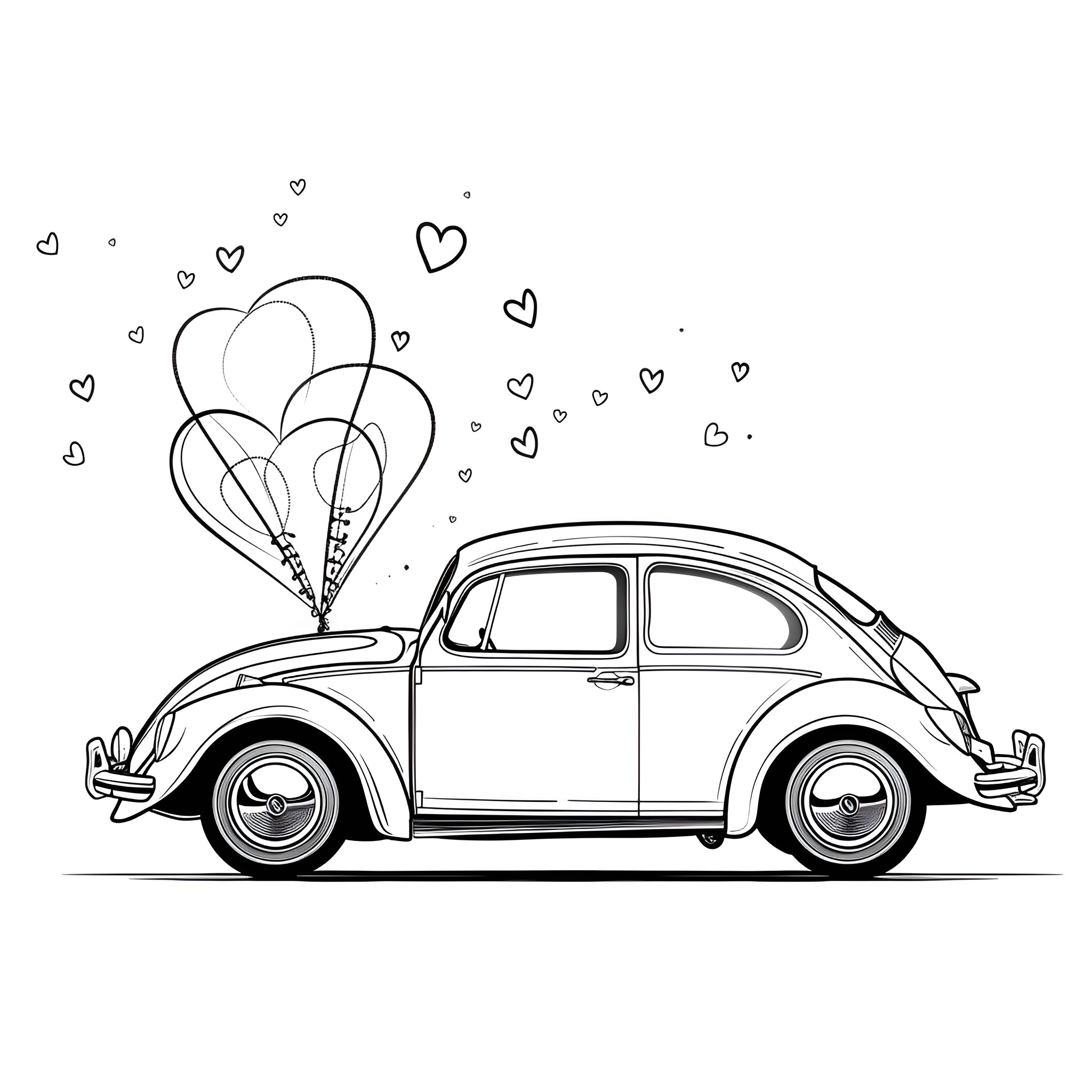 Valentine's Day car with heart balloons Drawing Idea (free black-and-white line drawing printable PDF for all, from beginners to advanced learners, including children, teens, adults, and seniors)