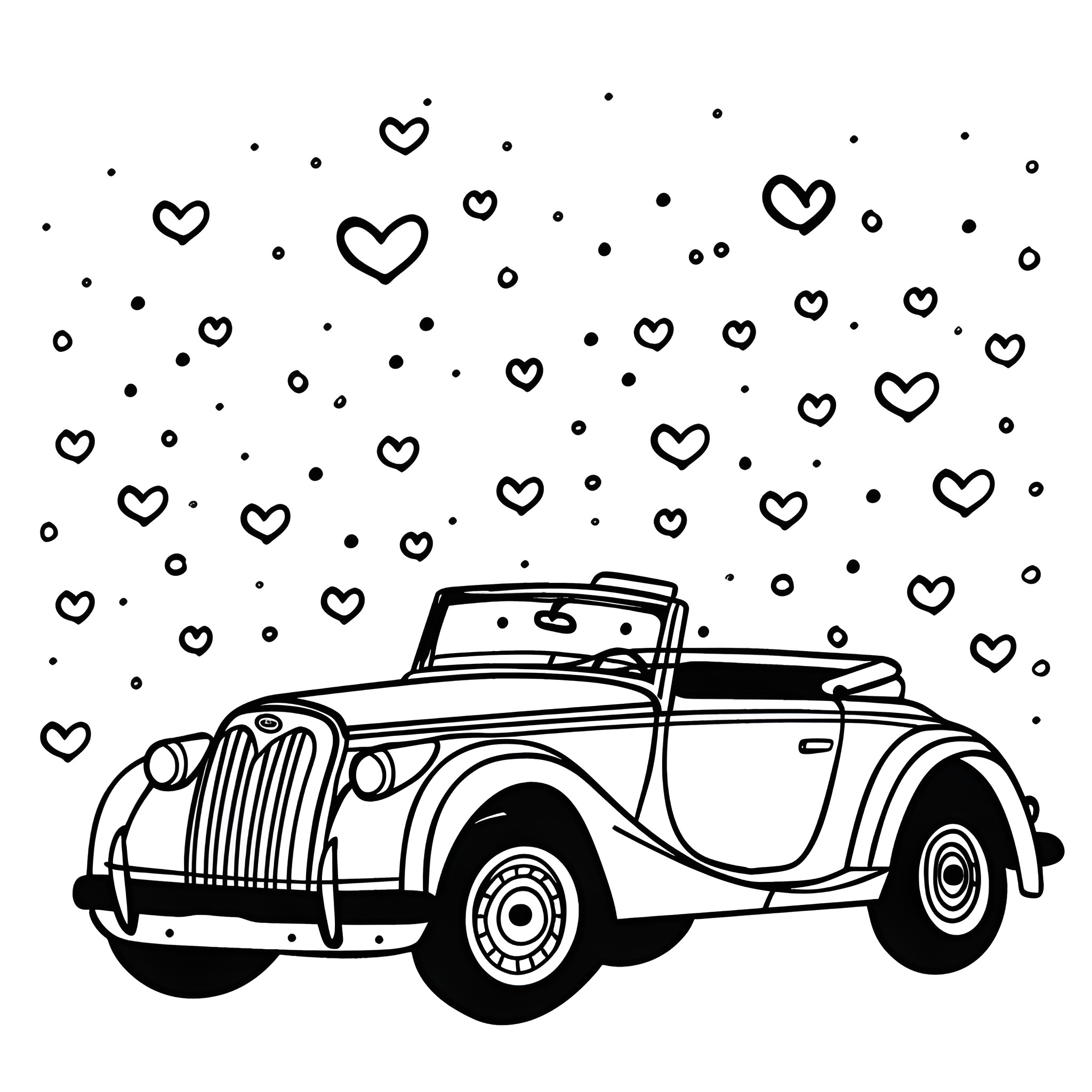 Valentine's Day Vintage Car with Hearts Drawing Idea (free black-and-white line drawing printable PDF for all, from beginners to advanced learners, including children, teens, adults, and seniors)