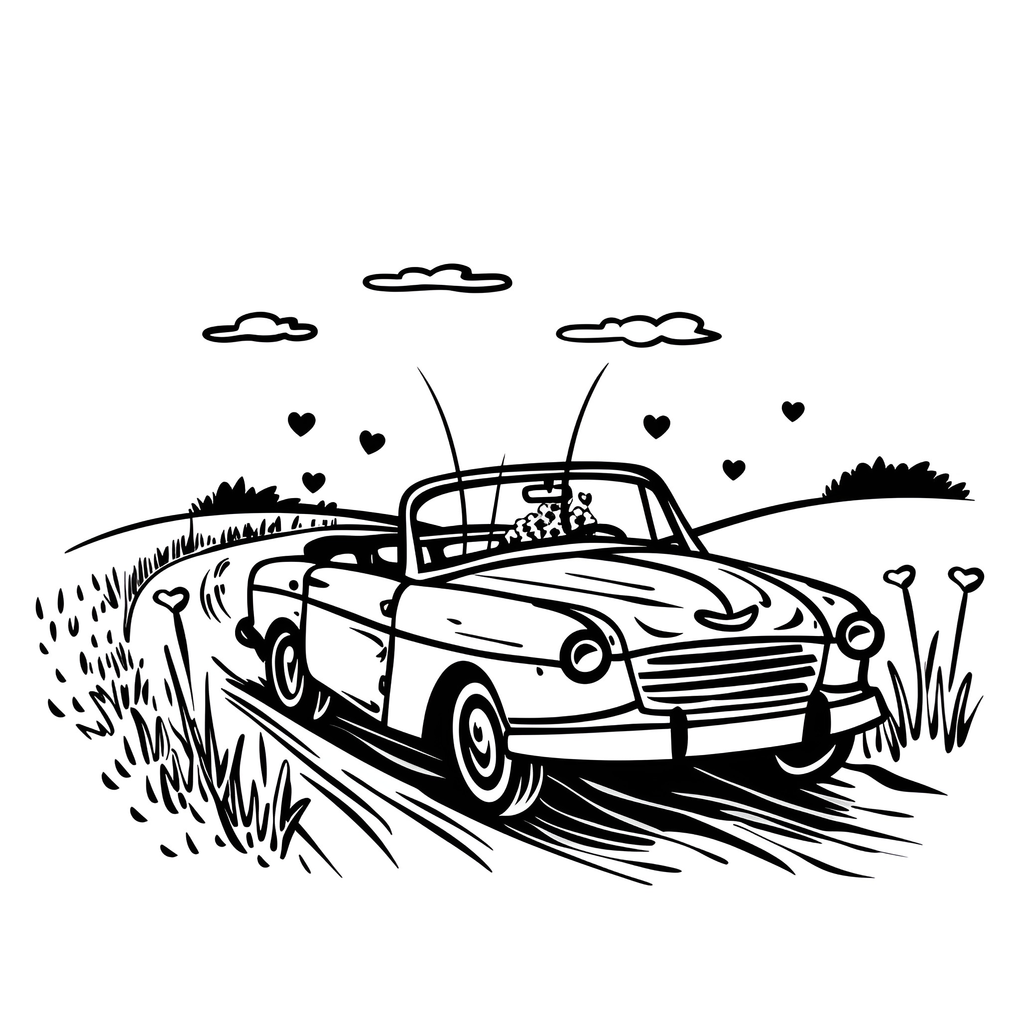 Valentine's Day lovers in classic car Drawing Idea (free black-and-white line drawing printable PDF for all, from beginners to advanced learners, including children, teens, adults, and seniors)