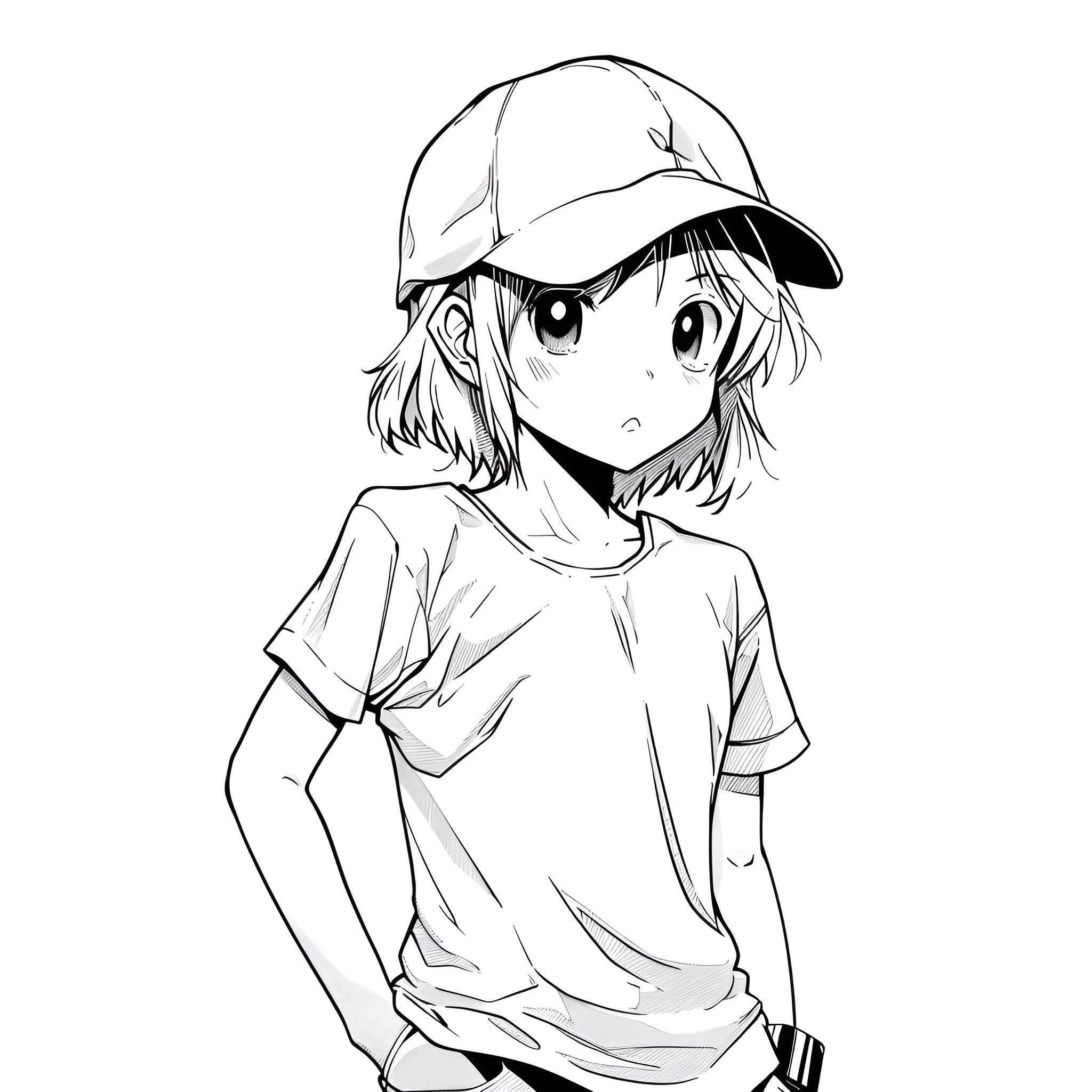 Anime character in casual outfit and cap Drawing Idea (free black-and-white line drawing printable PDF for all, from beginners to advanced learners, including children, teens, adults, and seniors)