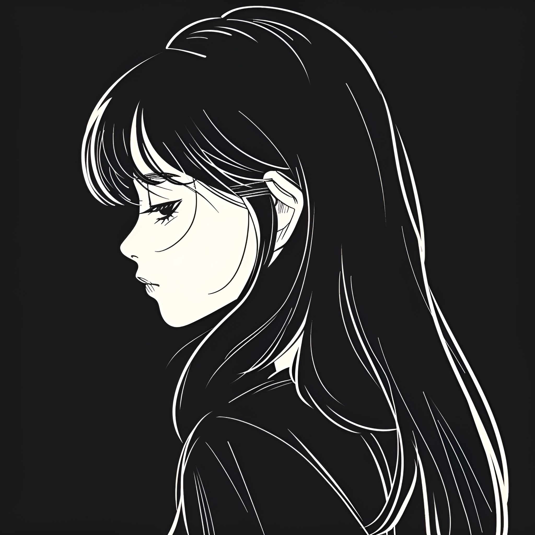 Anime girl with long hair and pensive expression Drawing Idea (free black-and-white line drawing printable PDF for all, from beginners to advanced learners, including children, teens, adults, and seniors)