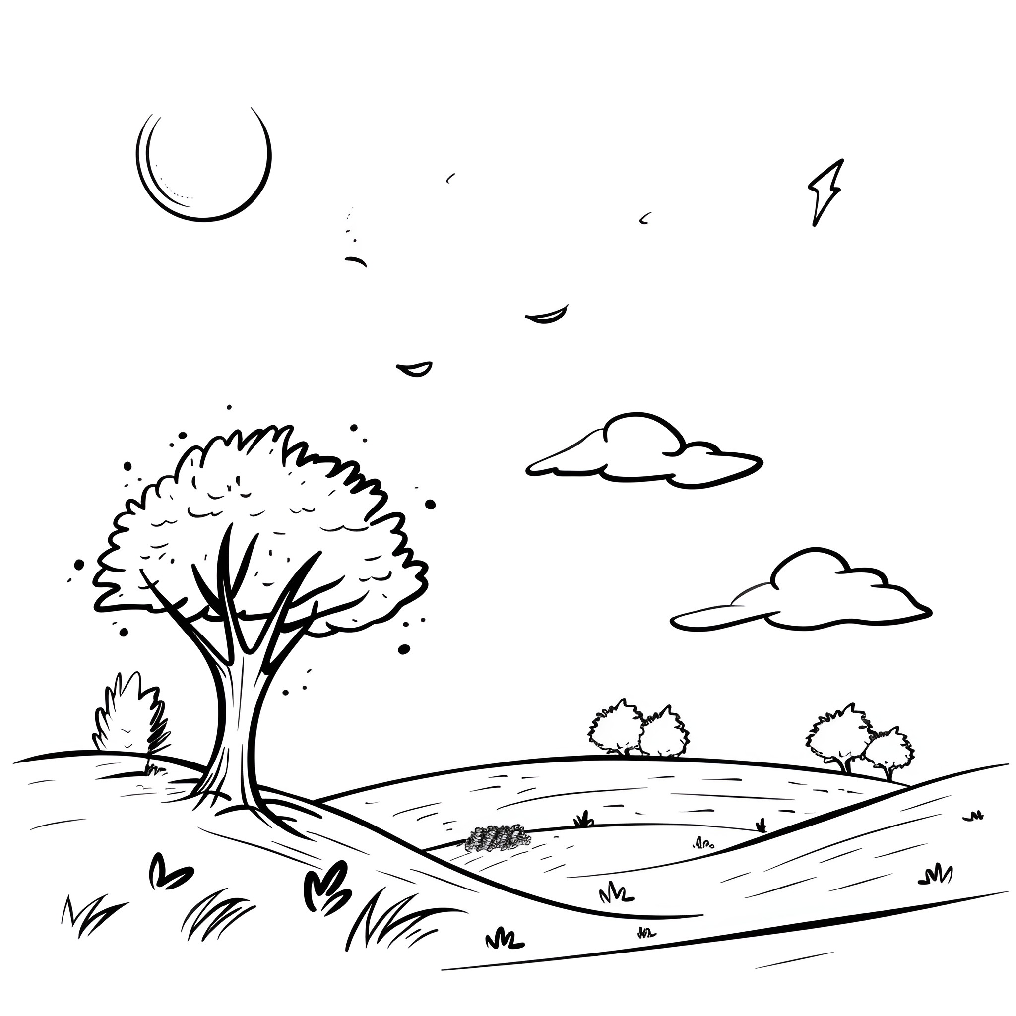 Fall Season Landscape with Leafy Tree Drawing Idea (free black-and-white line drawing printable PDF for all, from beginners to advanced learners, including children, teens, adults, and seniors)
