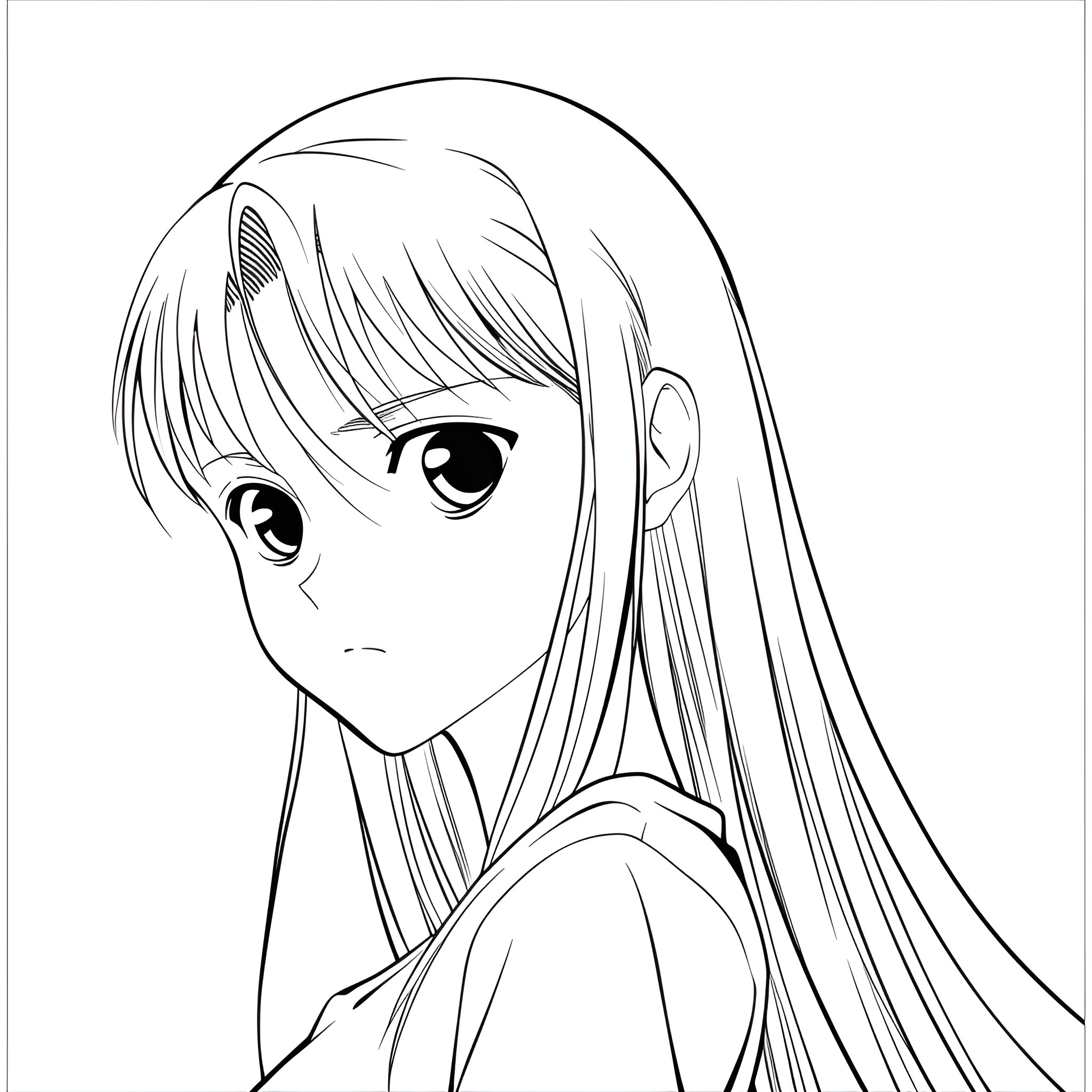 Anime girl with long flowing hair Drawing Idea (free black-and-white line drawing printable PDF for all, from beginners to advanced learners, including children, teens, adults, and seniors)