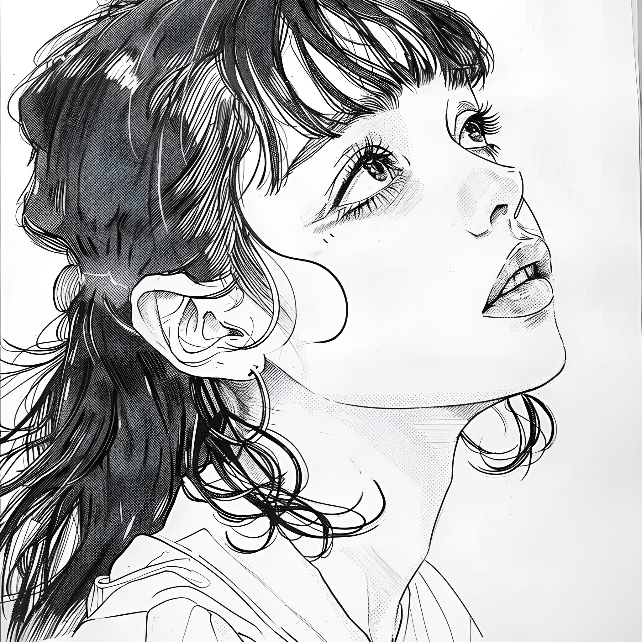 Anime girl gazing thoughtfully Drawing Idea (free black-and-white line drawing printable PDF for all, from beginners to advanced learners, including children, teens, adults, and seniors)