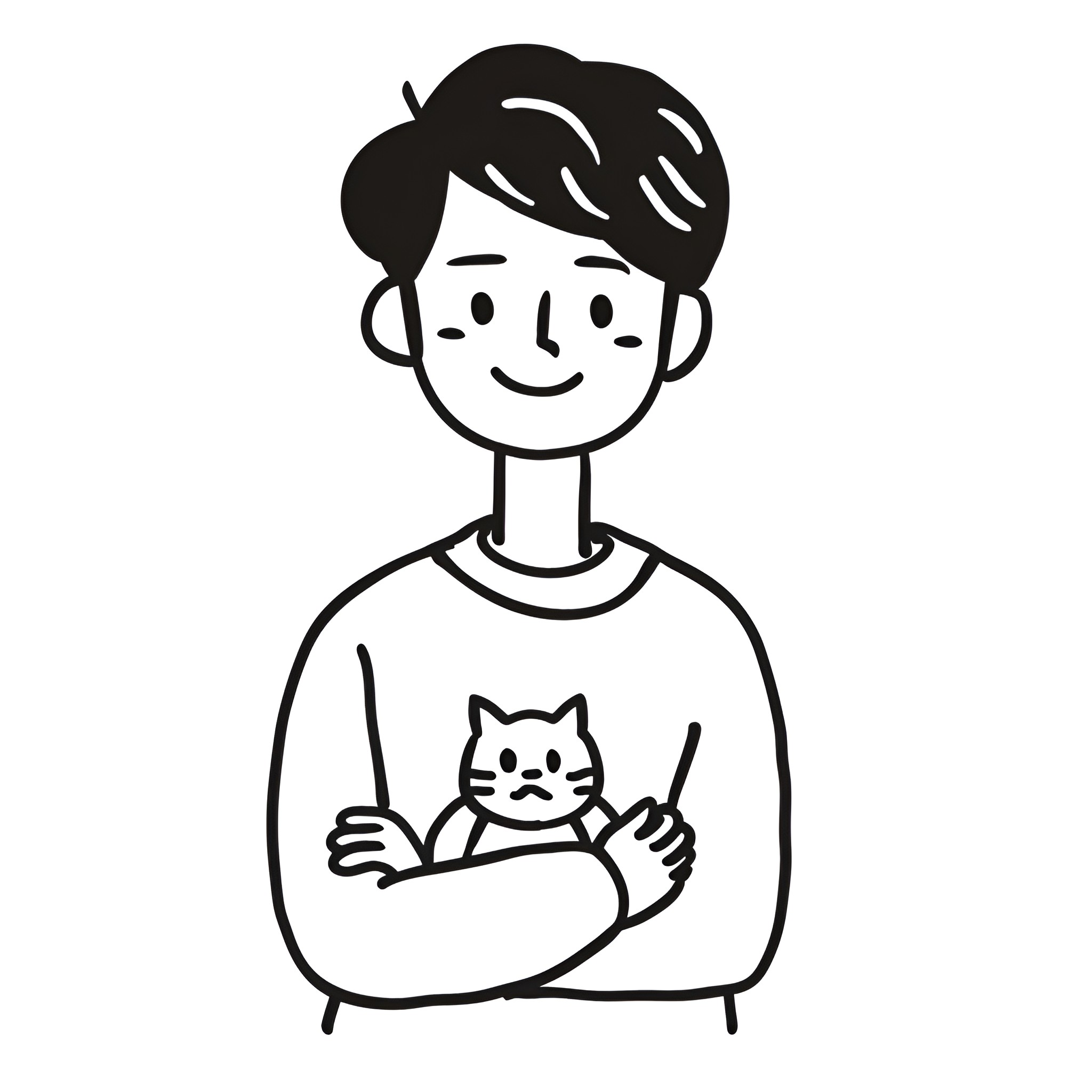 Creative person holding a curious cat Drawing Idea (free black-and-white line drawing printable PDF for all, from beginners to advanced learners, including children, teens, adults, and seniors)