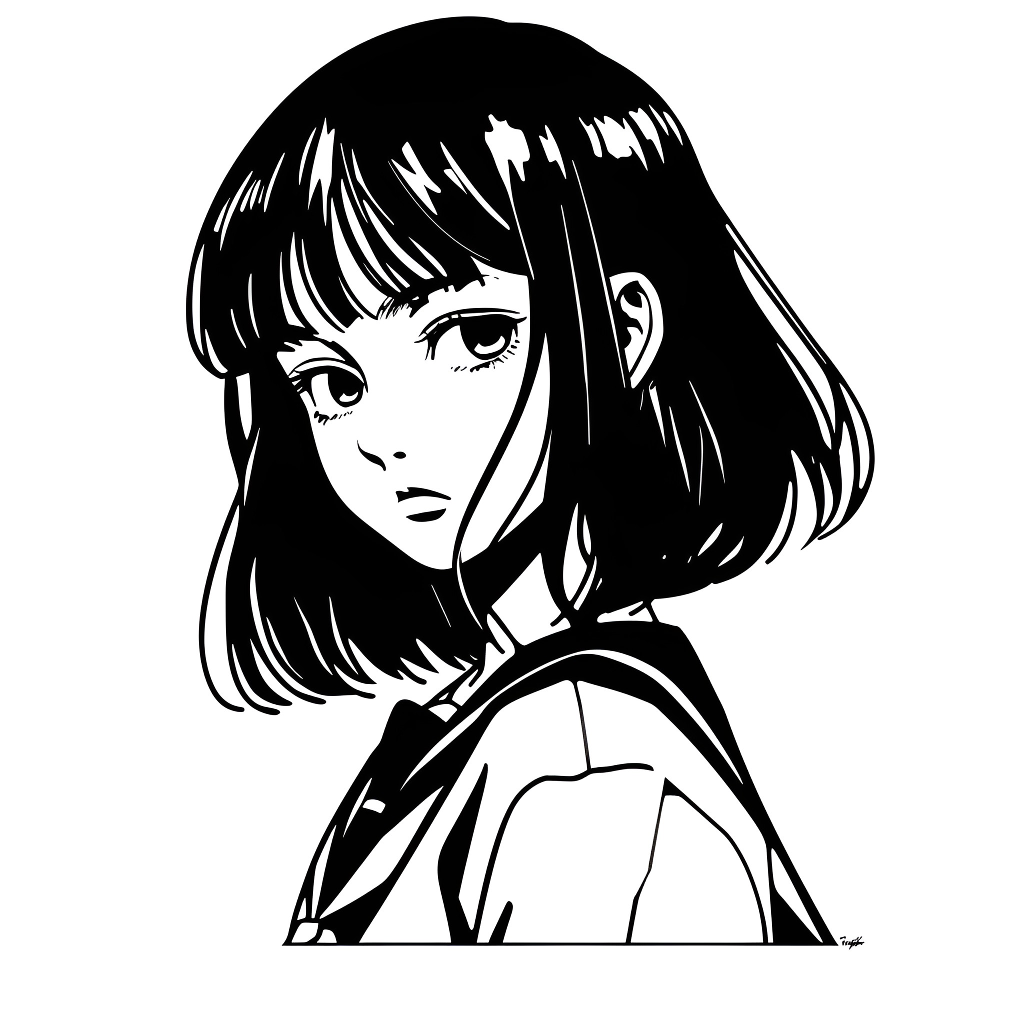 Anime girl with pensive expression Drawing Idea (free black-and-white line drawing printable PDF for all, from beginners to advanced learners, including children, teens, adults, and seniors)