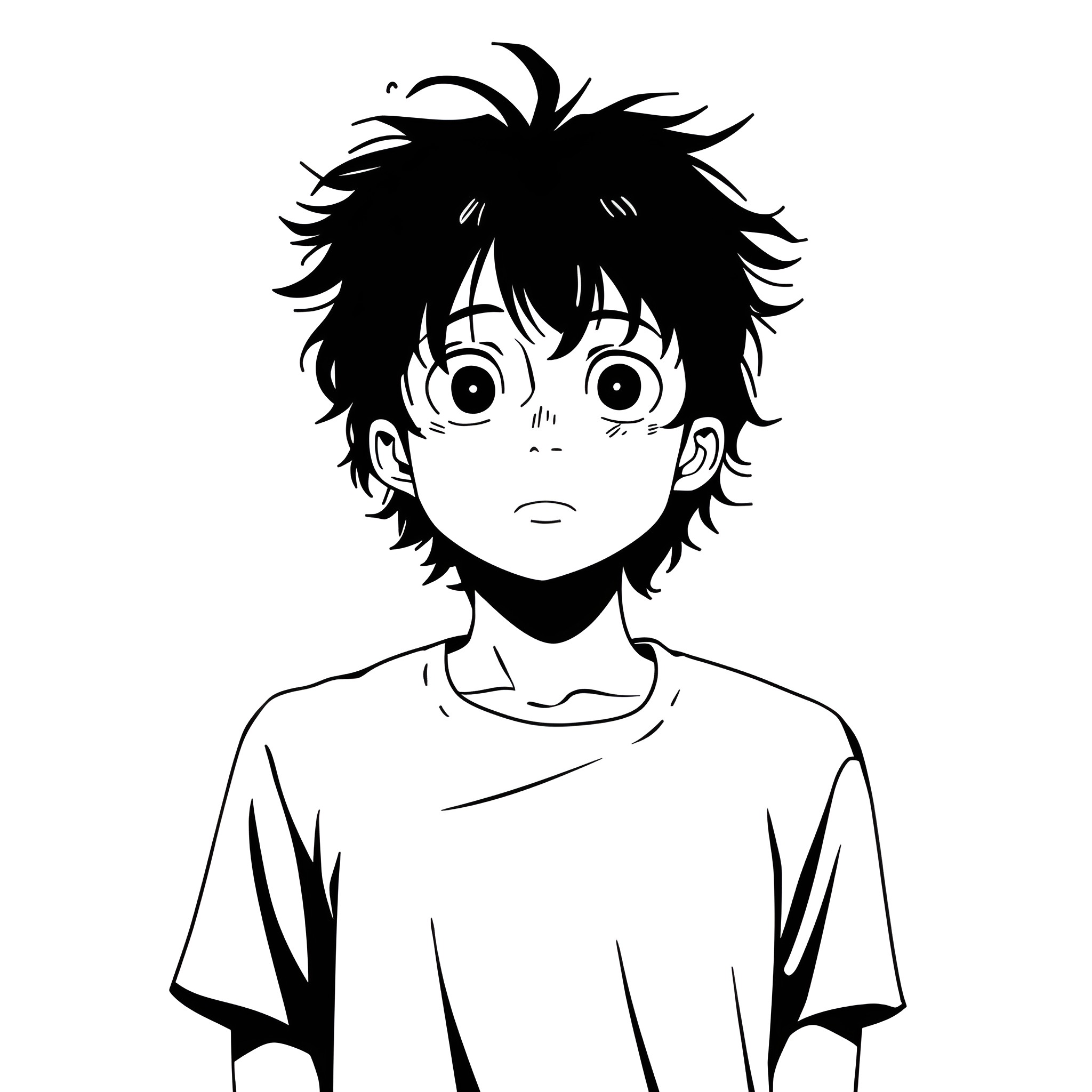 Anime character with expressive features Drawing Idea (free black-and-white line drawing printable PDF for all, from beginners to advanced learners, including children, teens, adults, and seniors)