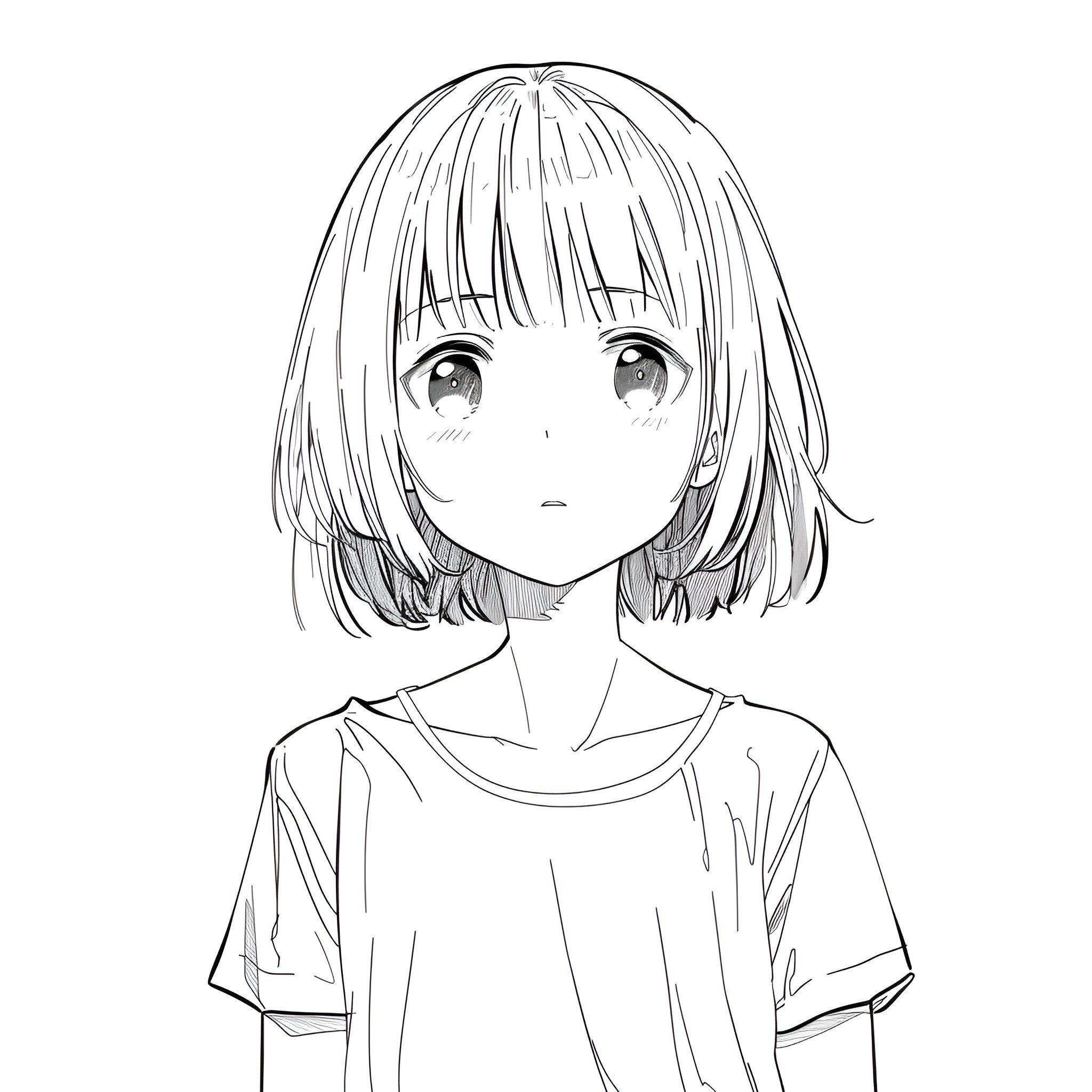 Anime girl with short hair and contemplative expression Drawing Idea (free black-and-white line drawing printable PDF for all, from beginners to advanced learners, including children, teens, adults, and seniors)