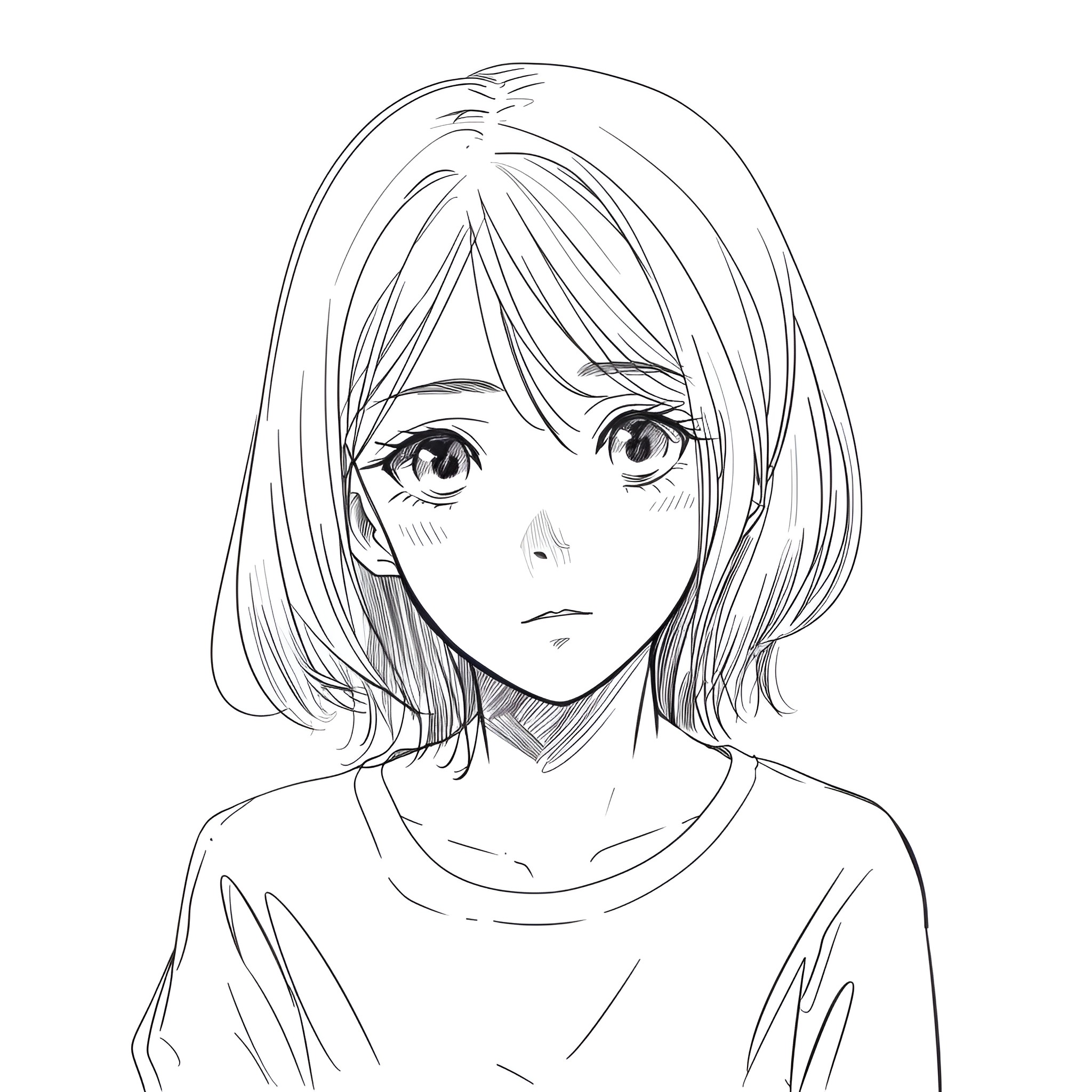 Anime female character with pensive expression Drawing Idea (free black-and-white line drawing printable PDF for all, from beginners to advanced learners, including children, teens, adults, and seniors)