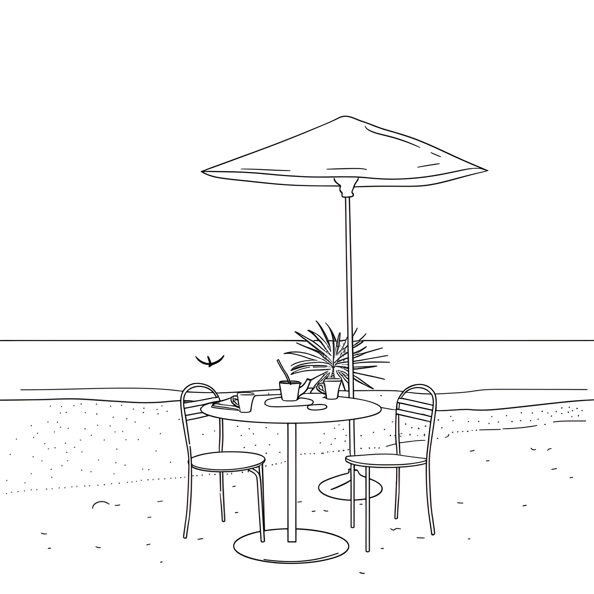 Creative Outdoor Patio Setting with Umbrella Drawing Idea (free black-and-white line drawing printable PDF for all, from beginners to advanced learners, including children, teens, adults, and seniors)