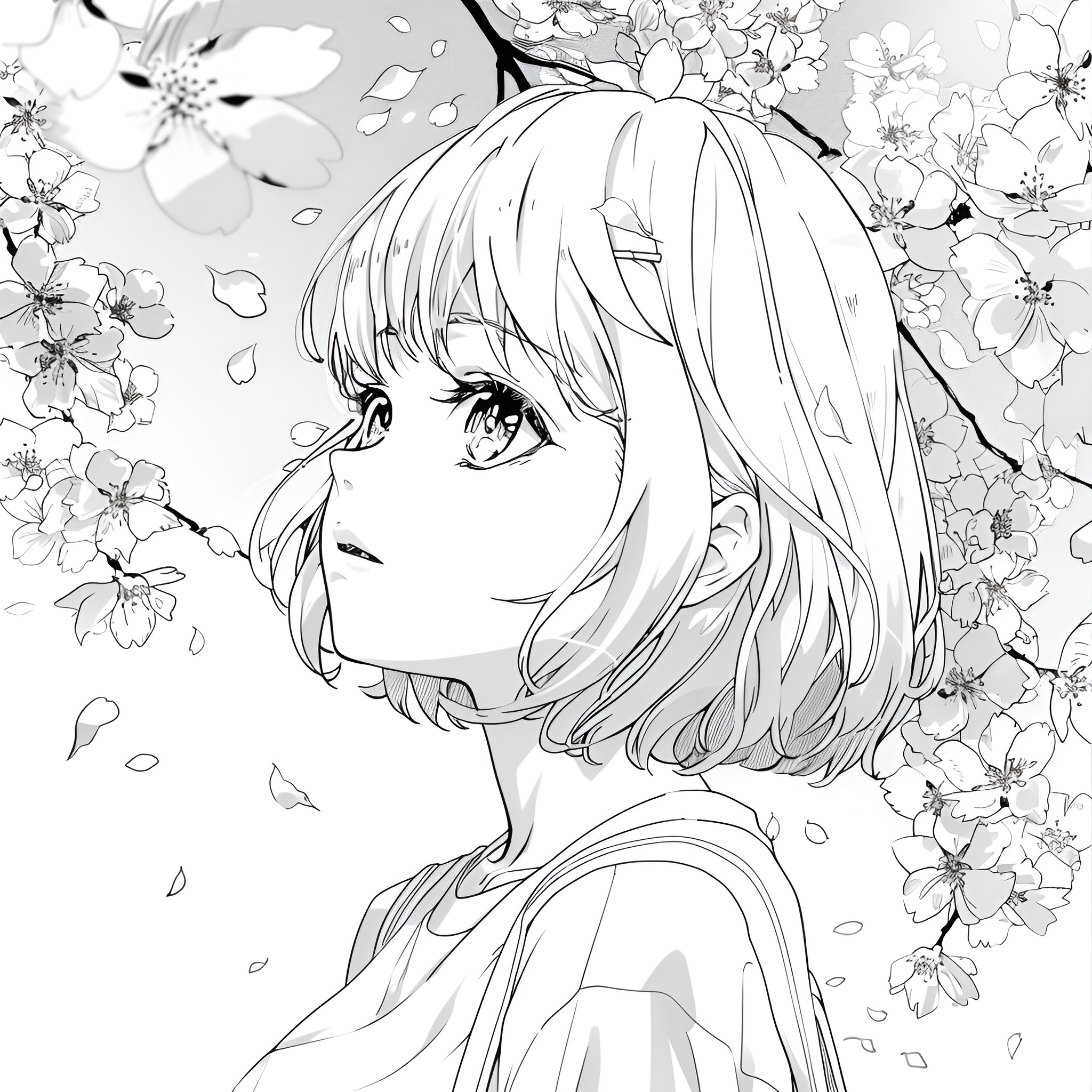 Anime girl surrounded by blooming flowers Drawing Idea (free black-and-white line drawing printable PDF for all, from beginners to advanced learners, including children, teens, adults, and seniors)