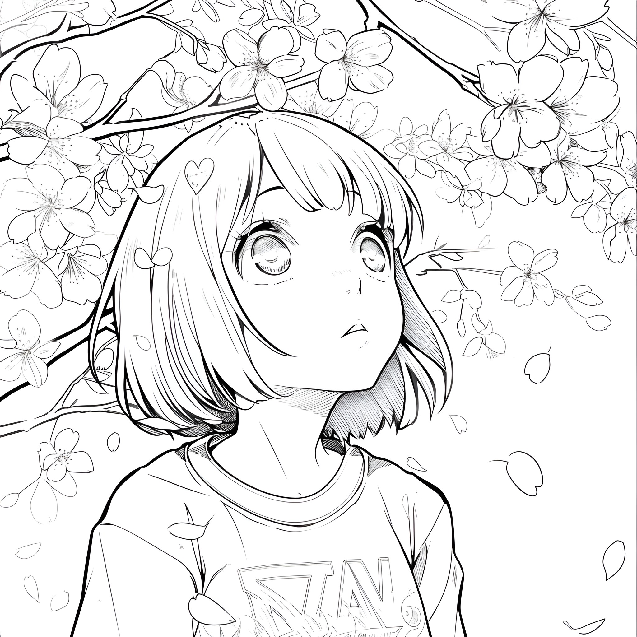 Anime girl surrounded by cherry blossoms Drawing Idea (free black-and-white line drawing printable PDF for all, from beginners to advanced learners, including children, teens, adults, and seniors)