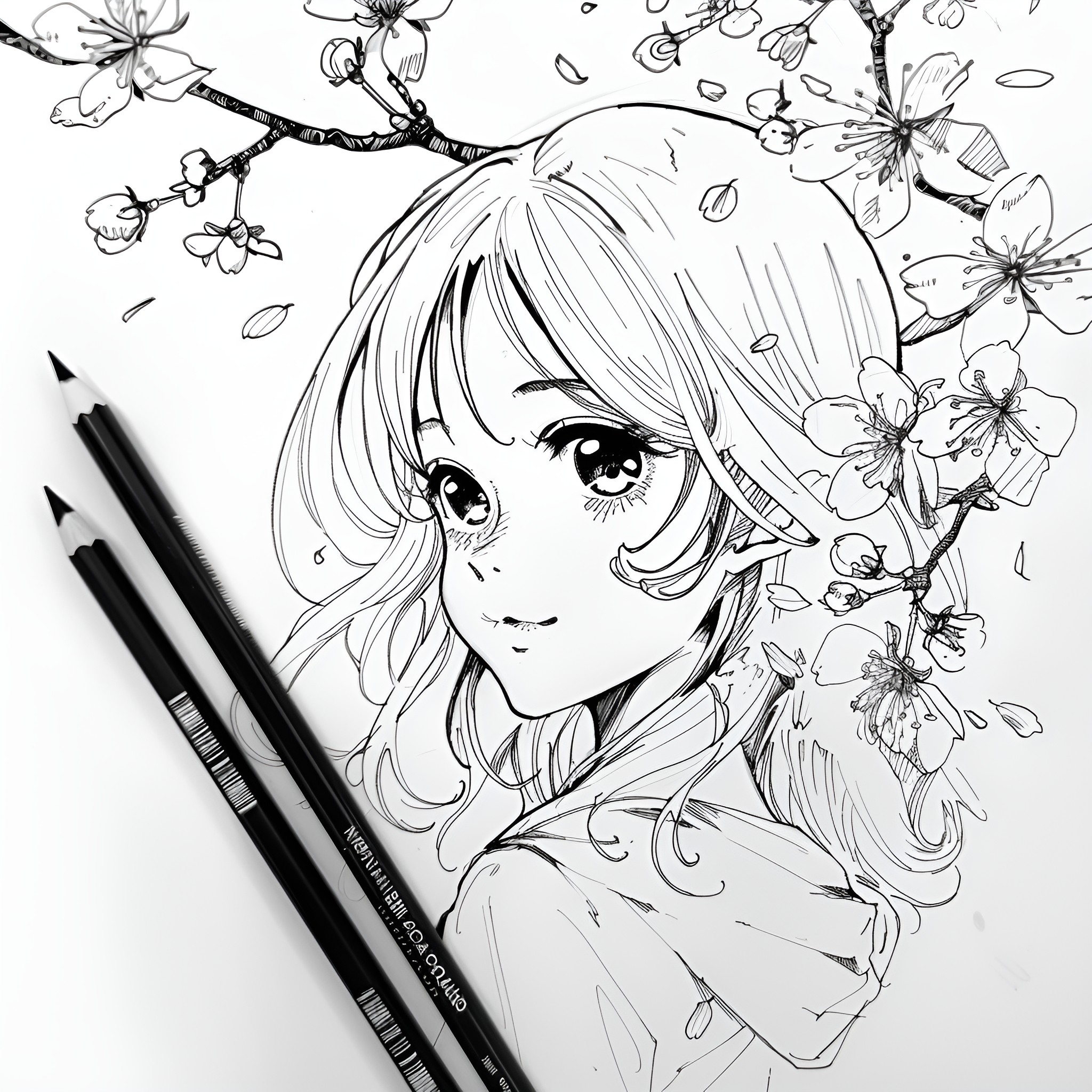 Anime Girl in Floral Springtime Drawing Idea (free black-and-white line drawing printable PDF for all, from beginners to advanced learners, including children, teens, adults, and seniors)