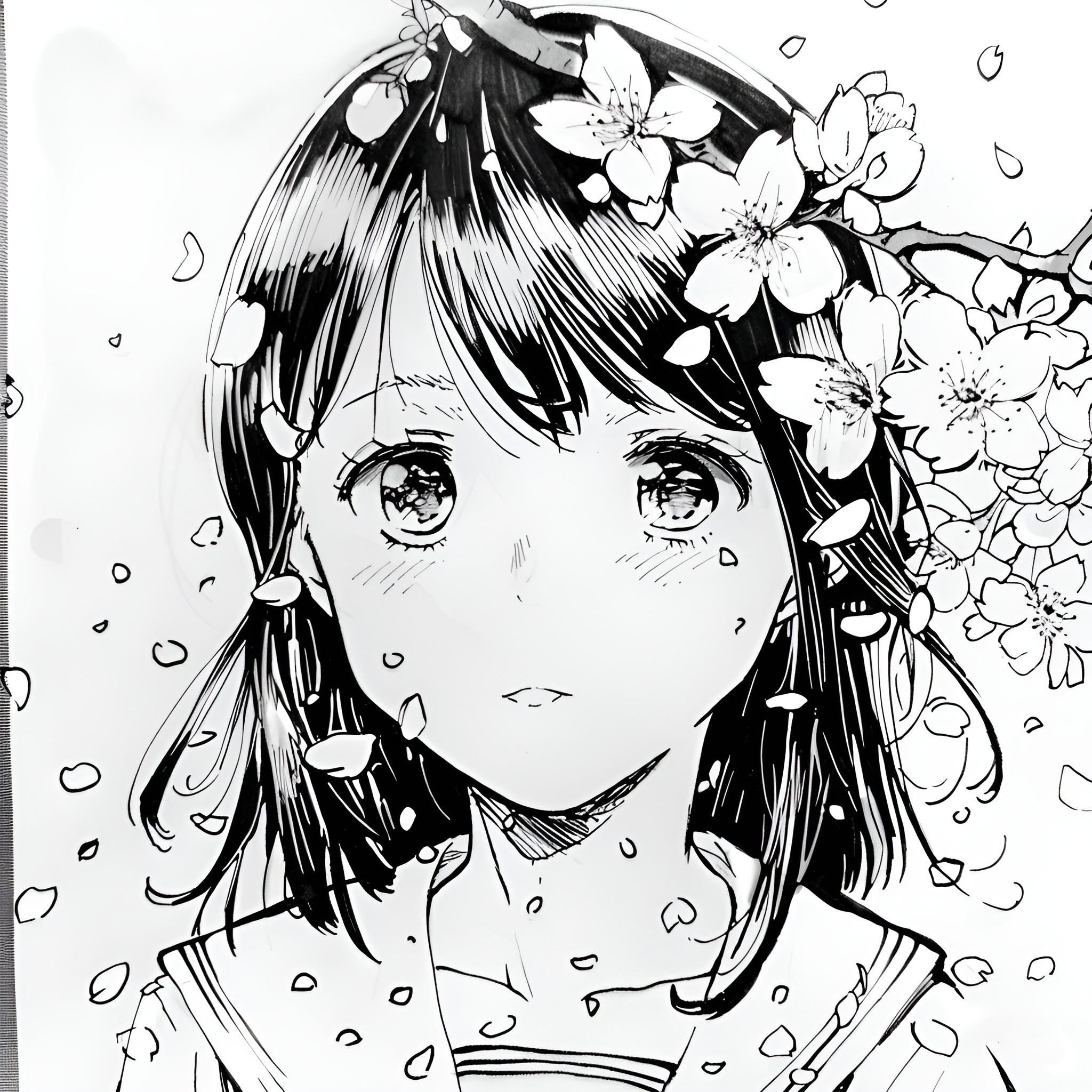 Anime girl with flowery hair and expressive eyes Drawing Idea (free black-and-white line drawing printable PDF for all, from beginners to advanced learners, including children, teens, adults, and seniors)