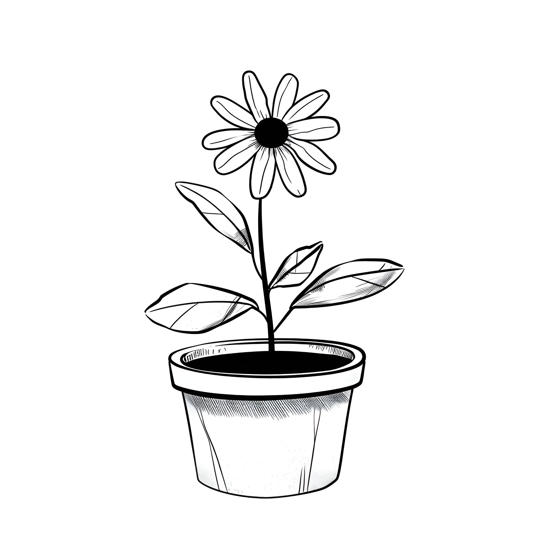 Small potted flower blooming Drawing Idea (free black-and-white line drawing printable PDF for all, from beginners to advanced learners, including children, teens, adults, and seniors)