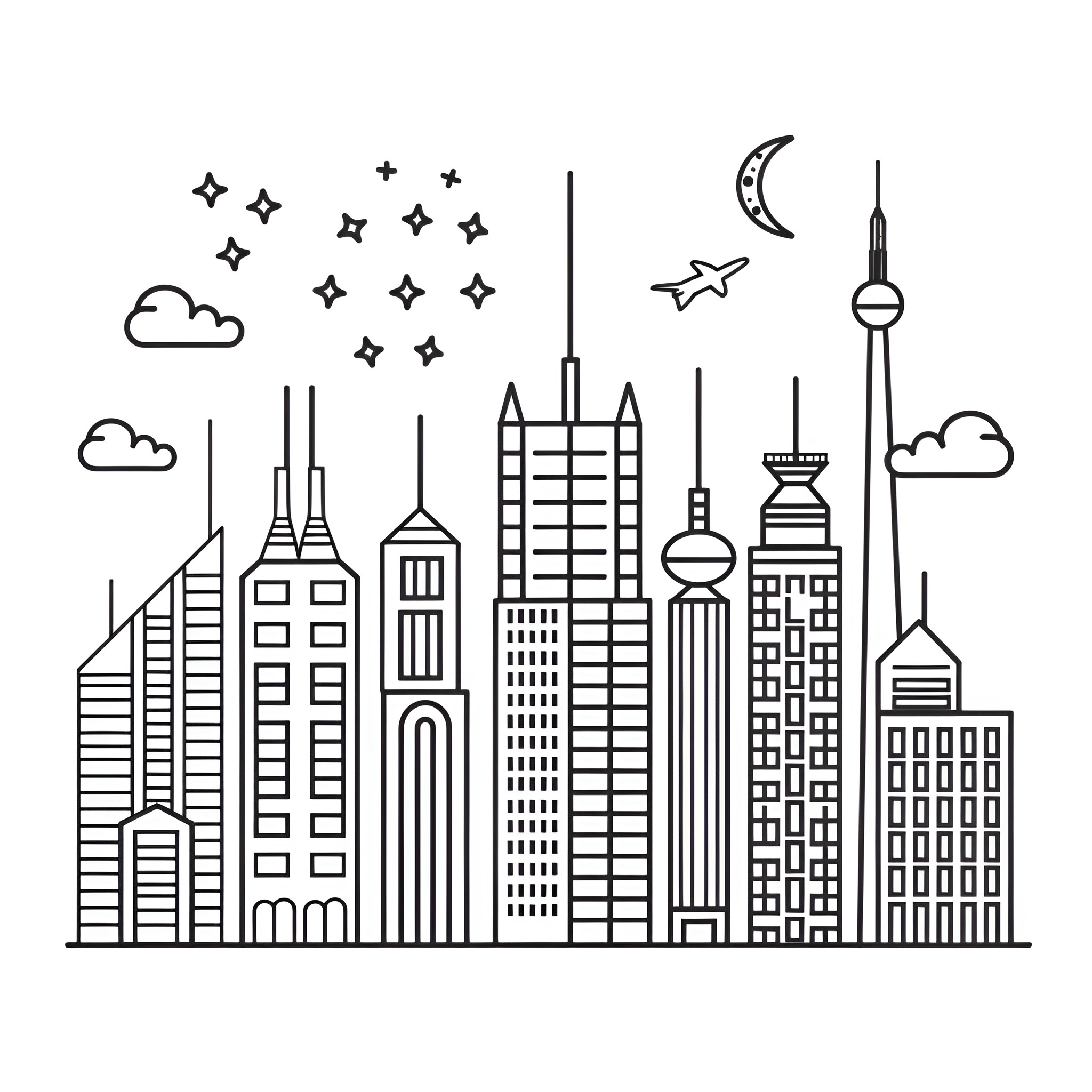 Creative Nighttime City Skyline Drawing Idea (free black-and-white line drawing printable PDF for all, from beginners to advanced learners, including children, teens, adults, and seniors)