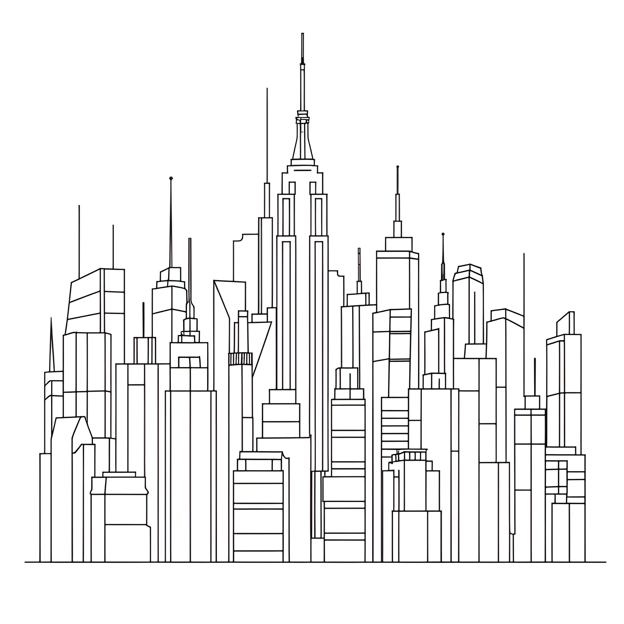 Abstract Cityscape with Towering Skyscrapers Drawing Idea (free black-and-white line drawing printable PDF for all, from beginners to advanced learners, including children, teens, adults, and seniors)