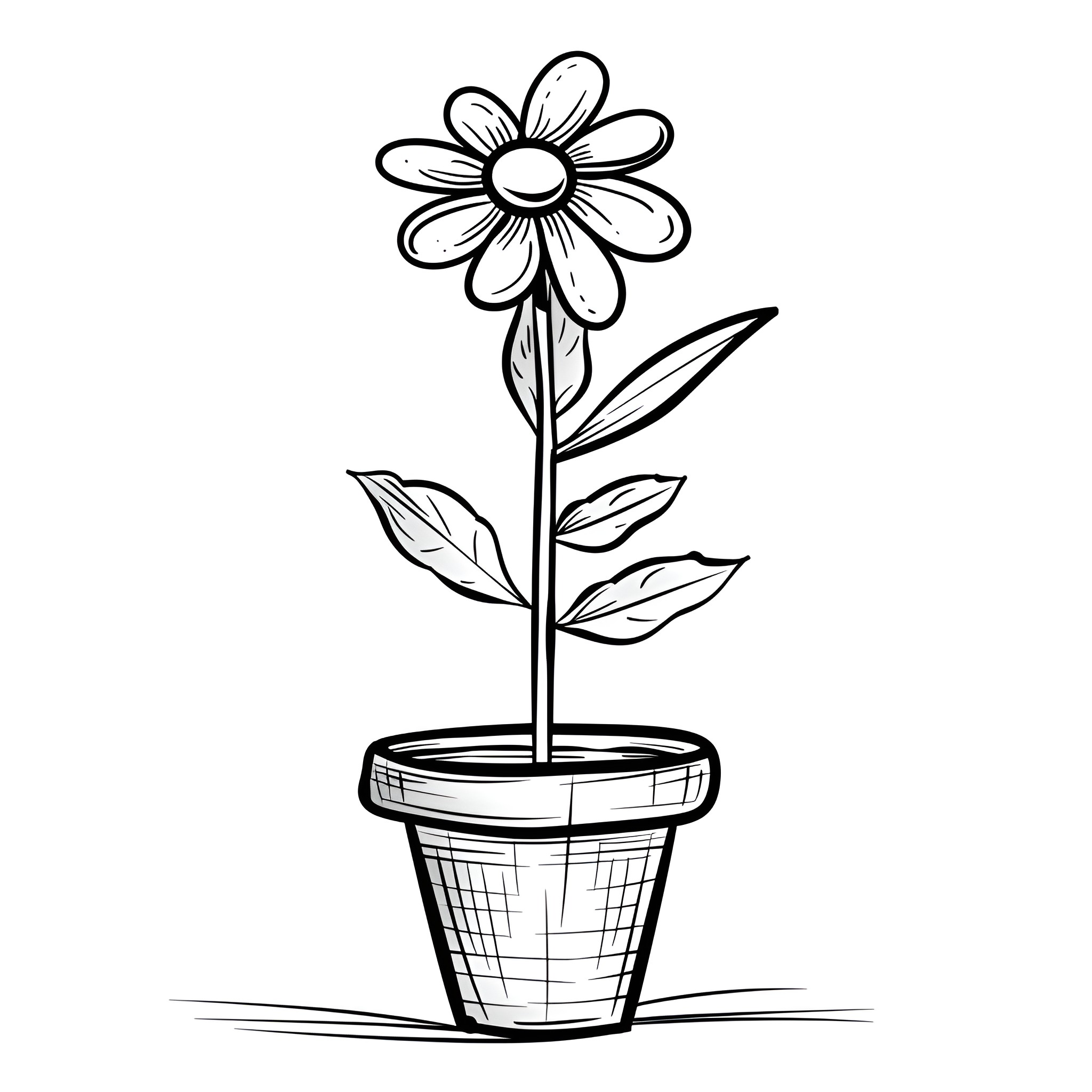 Small Flourishing Flower in Potted Plant Drawing Idea (free black-and-white line drawing printable PDF for all, from beginners to advanced learners, including children, teens, adults, and seniors)