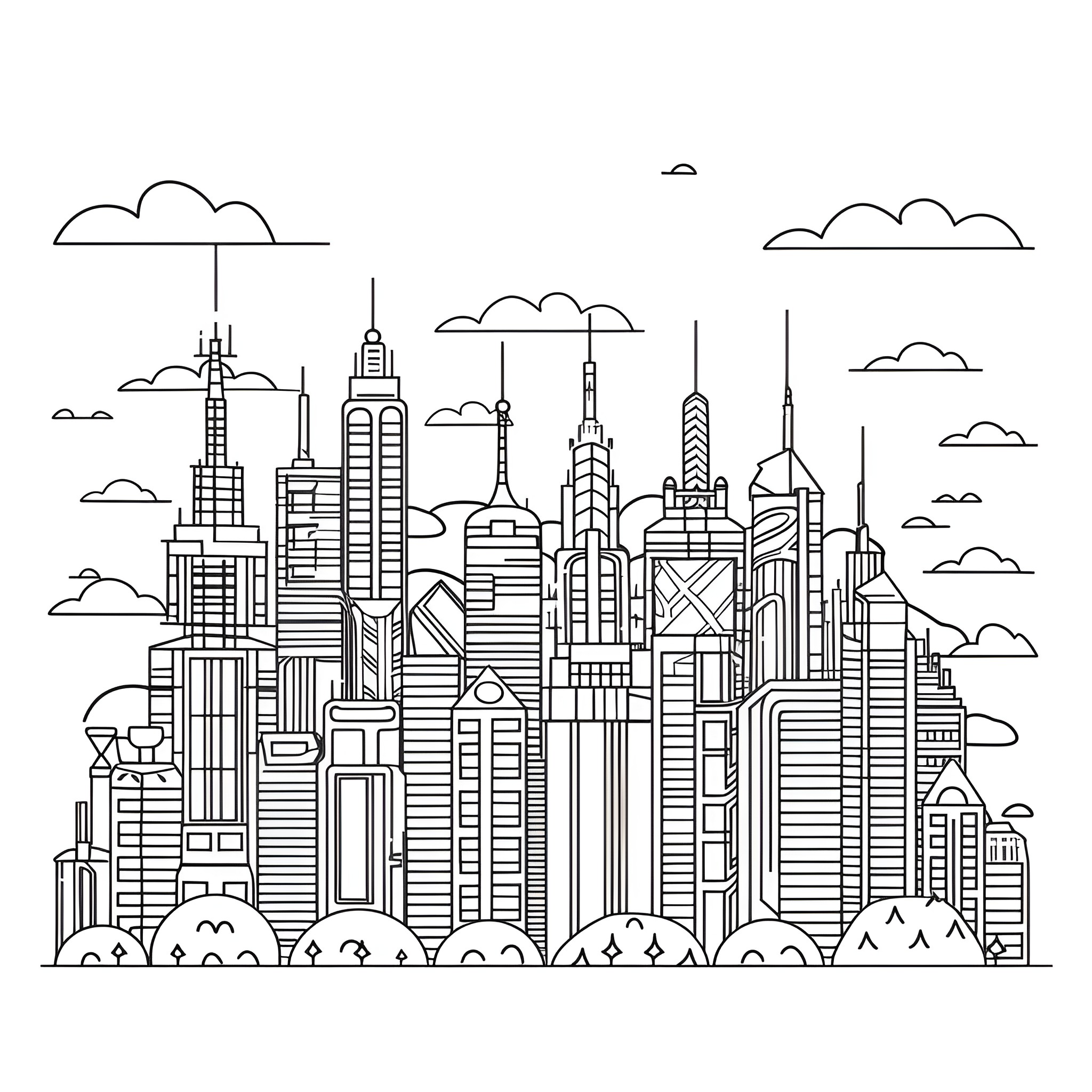 Creative Cityscape with Architectural Structures Drawing Idea (free black-and-white line drawing printable PDF for all, from beginners to advanced learners, including children, teens, adults, and seniors)