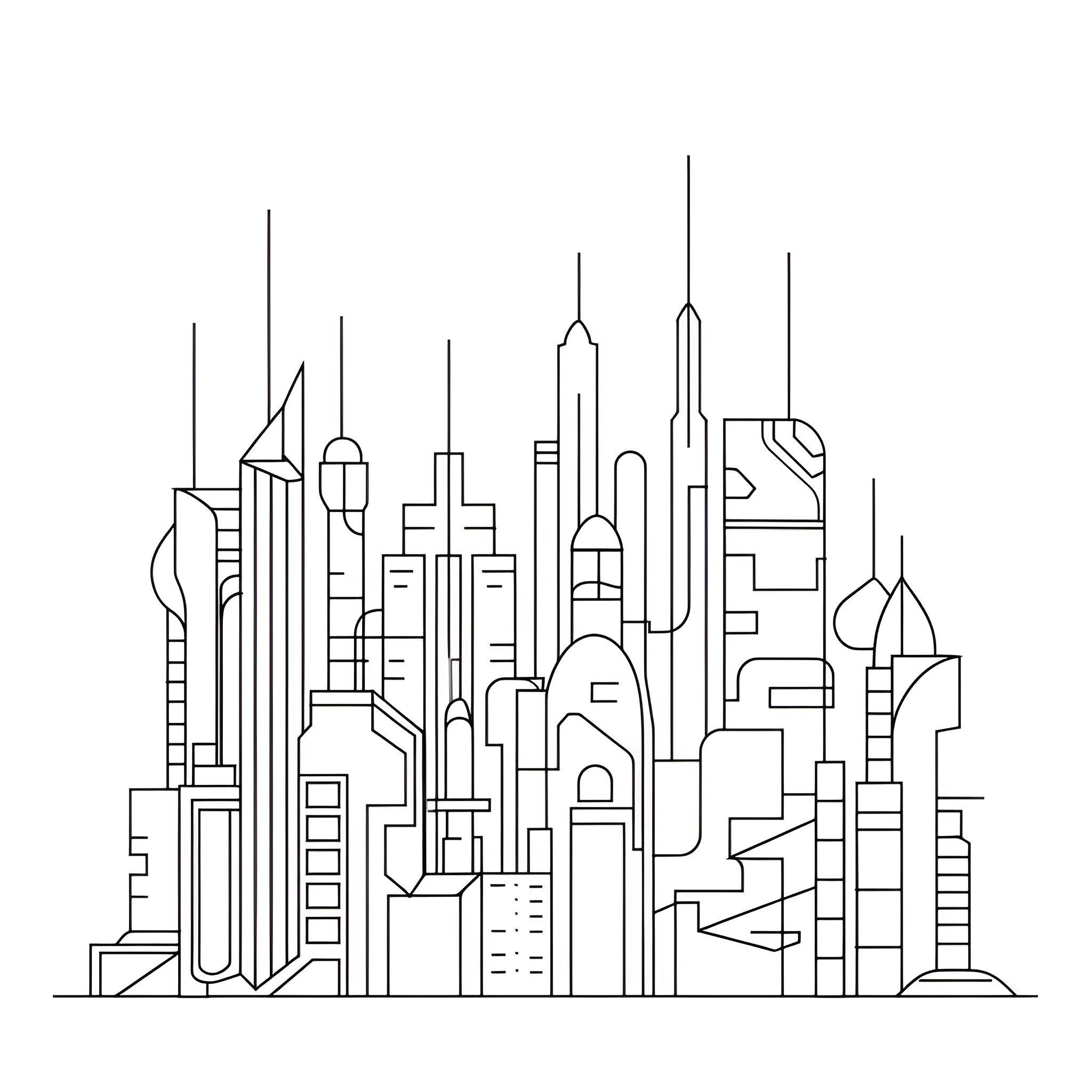 Creative Architectural Skyline Illustration Drawing Idea (free black-and-white line drawing printable PDF for all, from beginners to advanced learners, including children, teens, adults, and seniors)