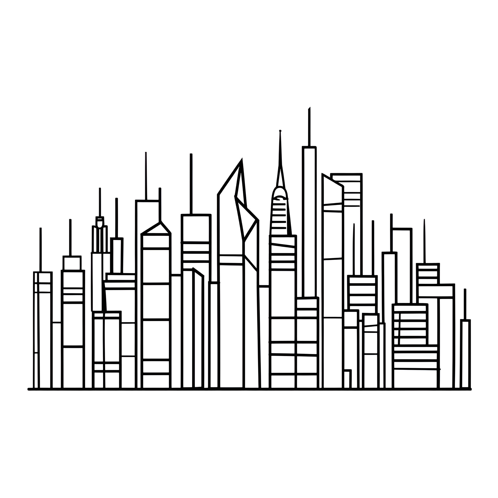 Abstract cityscape with modern buildings Drawing Idea (free black-and-white line drawing printable PDF for all, from beginners to advanced learners, including children, teens, adults, and seniors)