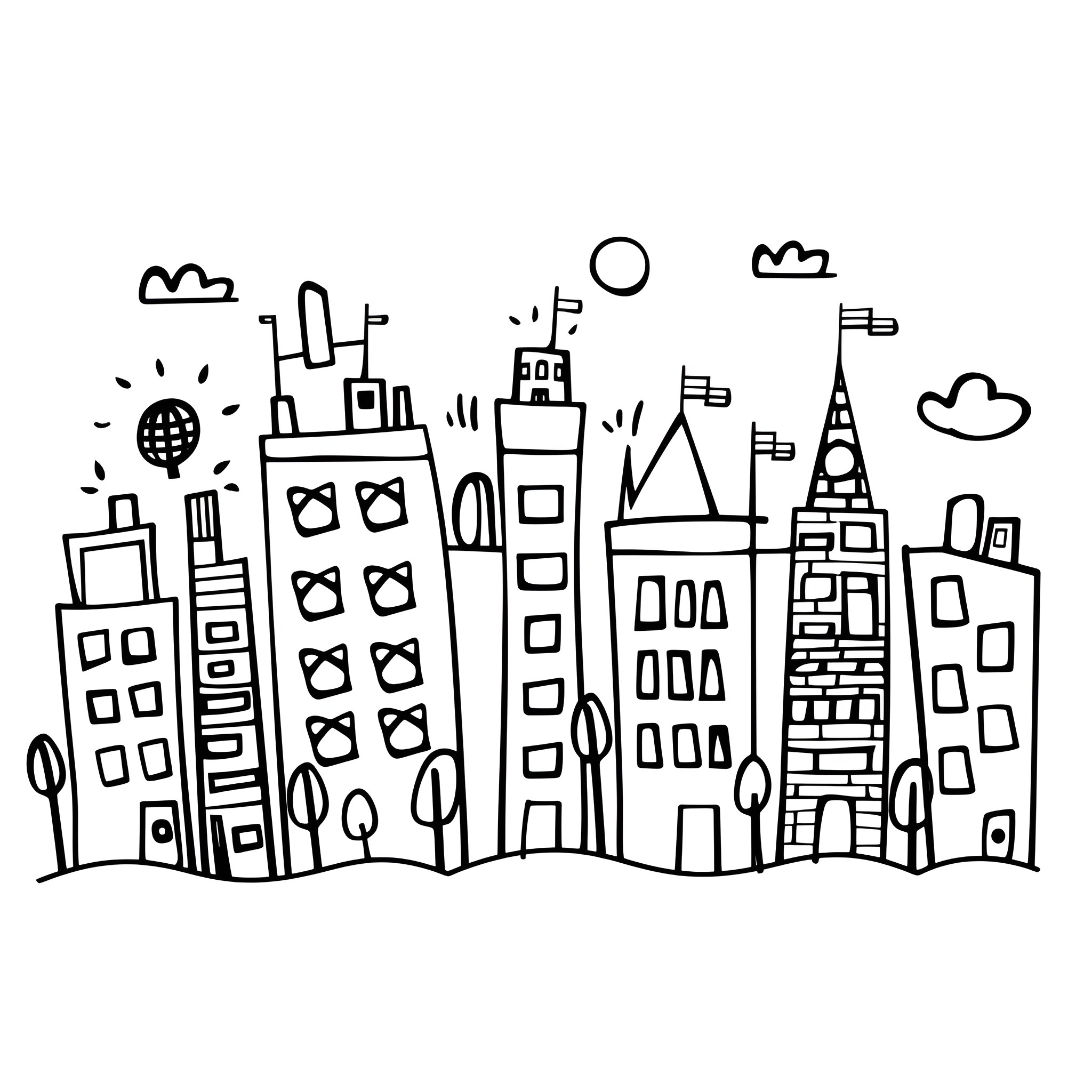 Creative cityscapes with diverse architectural styles Drawing Idea (free black-and-white line drawing printable PDF for all, from beginners to advanced learners, including children, teens, adults, and seniors)