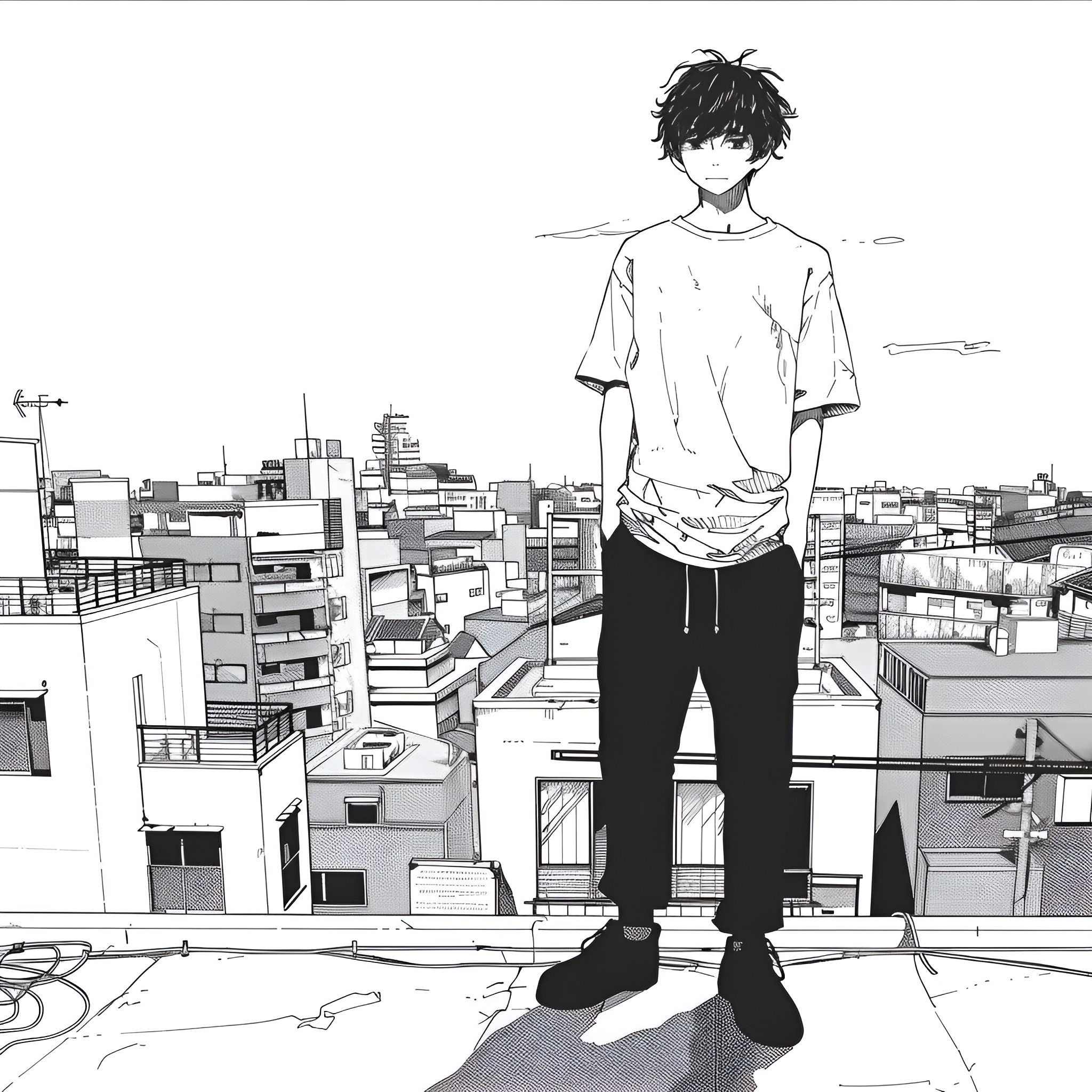 Anime character gazing over city skyline Drawing Idea (free black-and-white line drawing printable PDF for all, from beginners to advanced learners, including children, teens, adults, and seniors)