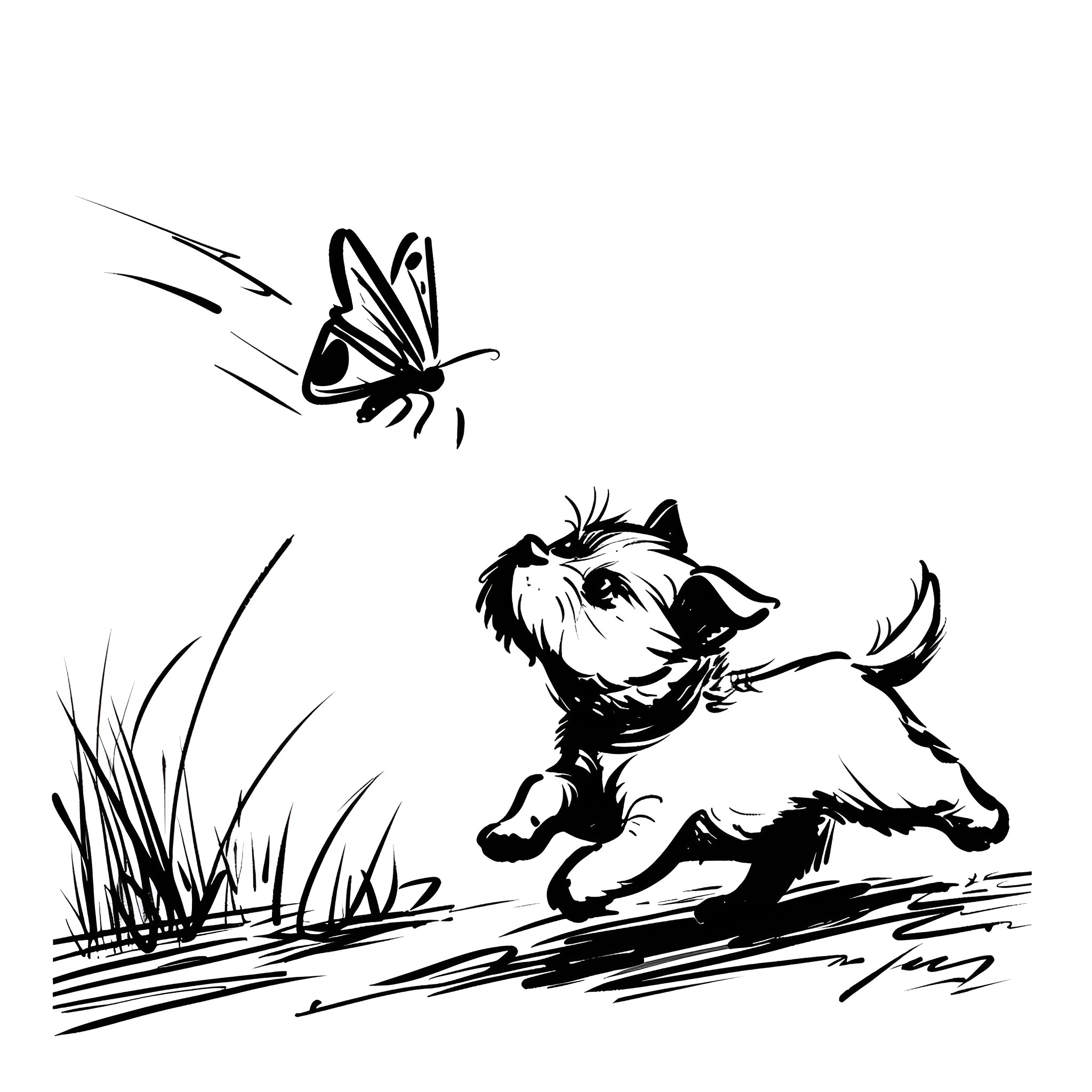 Small dog chasing butterfly in grass Drawing Idea (free black-and-white line drawing printable PDF for all, from beginners to advanced learners, including children, teens, adults, and seniors)