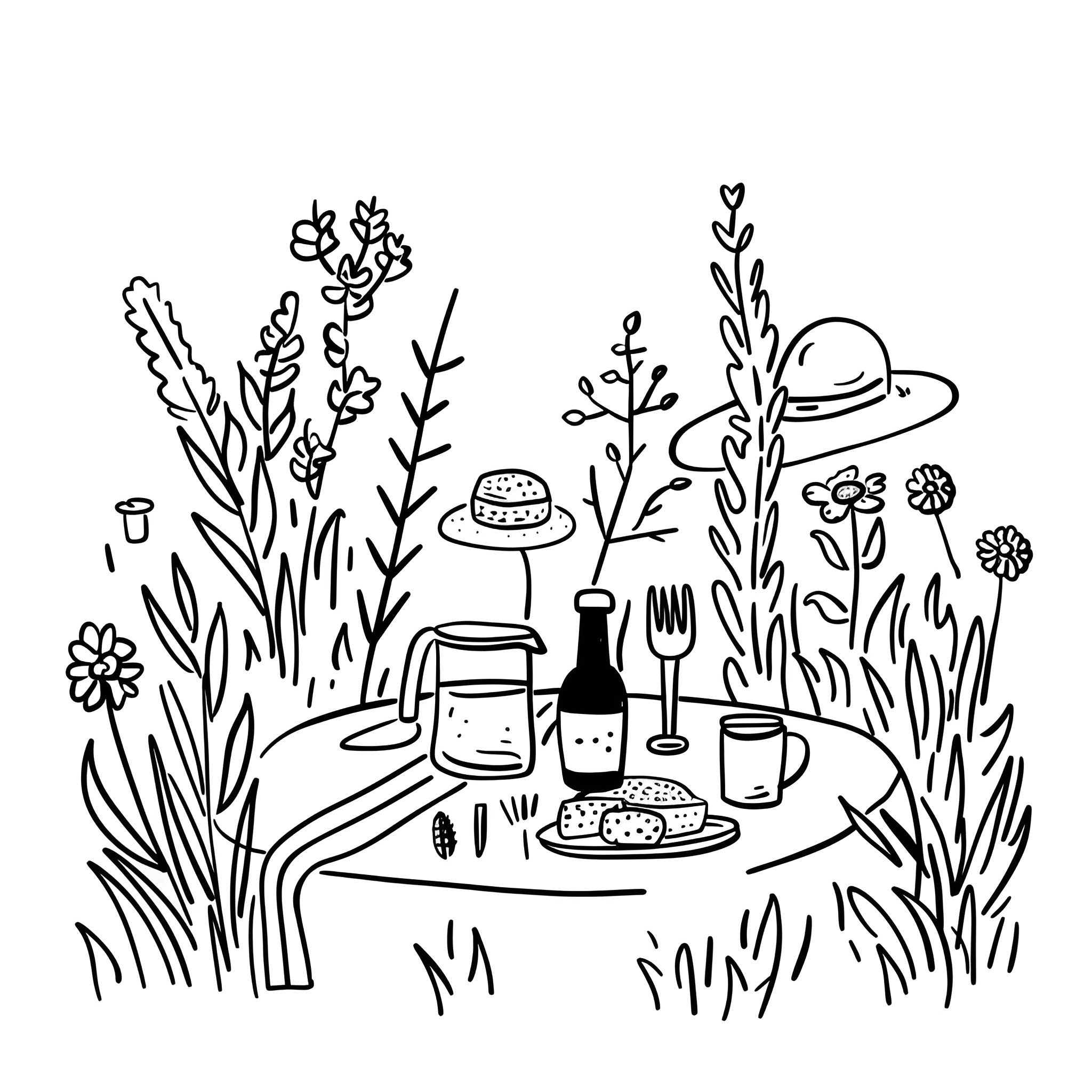 Creative Whimsical Picnic Scene Drawing Idea (free black-and-white line drawing printable PDF for all, from beginners to advanced learners, including children, teens, adults, and seniors)