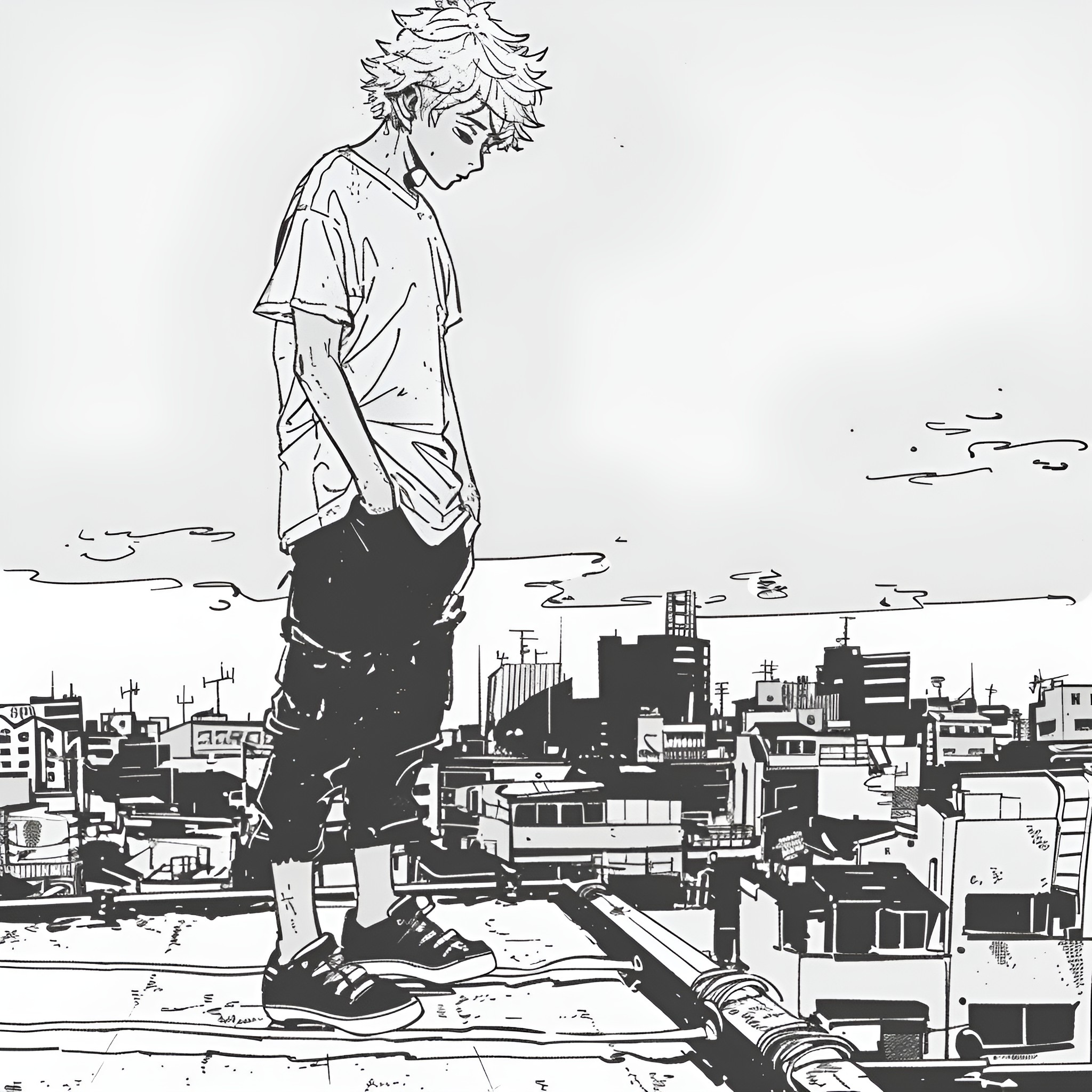 Anime Boy Standing Atop Cityscape Drawing Idea (free black-and-white line drawing printable PDF for all, from beginners to advanced learners, including children, teens, adults, and seniors)
