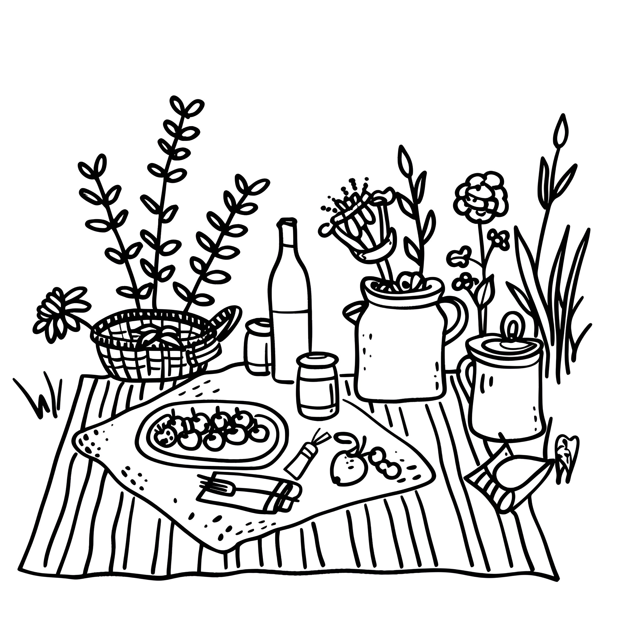 Creative Whimsical Garden Picnic Scene Drawing Idea (free black-and-white line drawing printable PDF for all, from beginners to advanced learners, including children, teens, adults, and seniors)