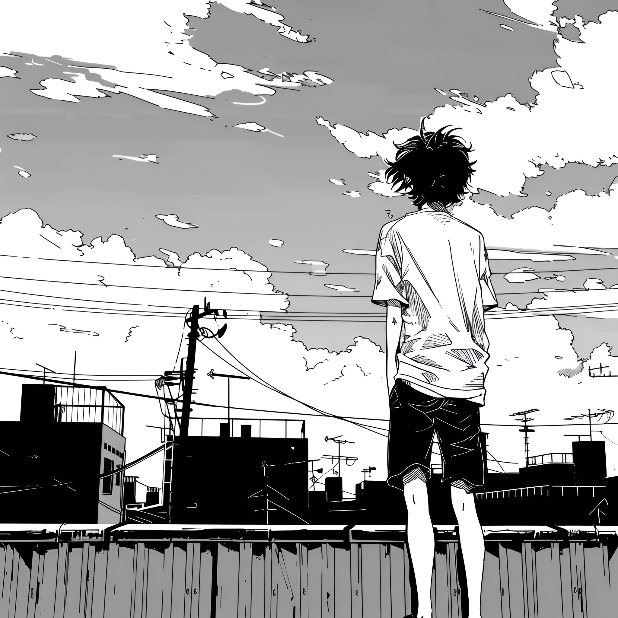 Anime character overlooking cityscape Drawing Idea (free black-and-white line drawing printable PDF for all, from beginners to advanced learners, including children, teens, adults, and seniors)