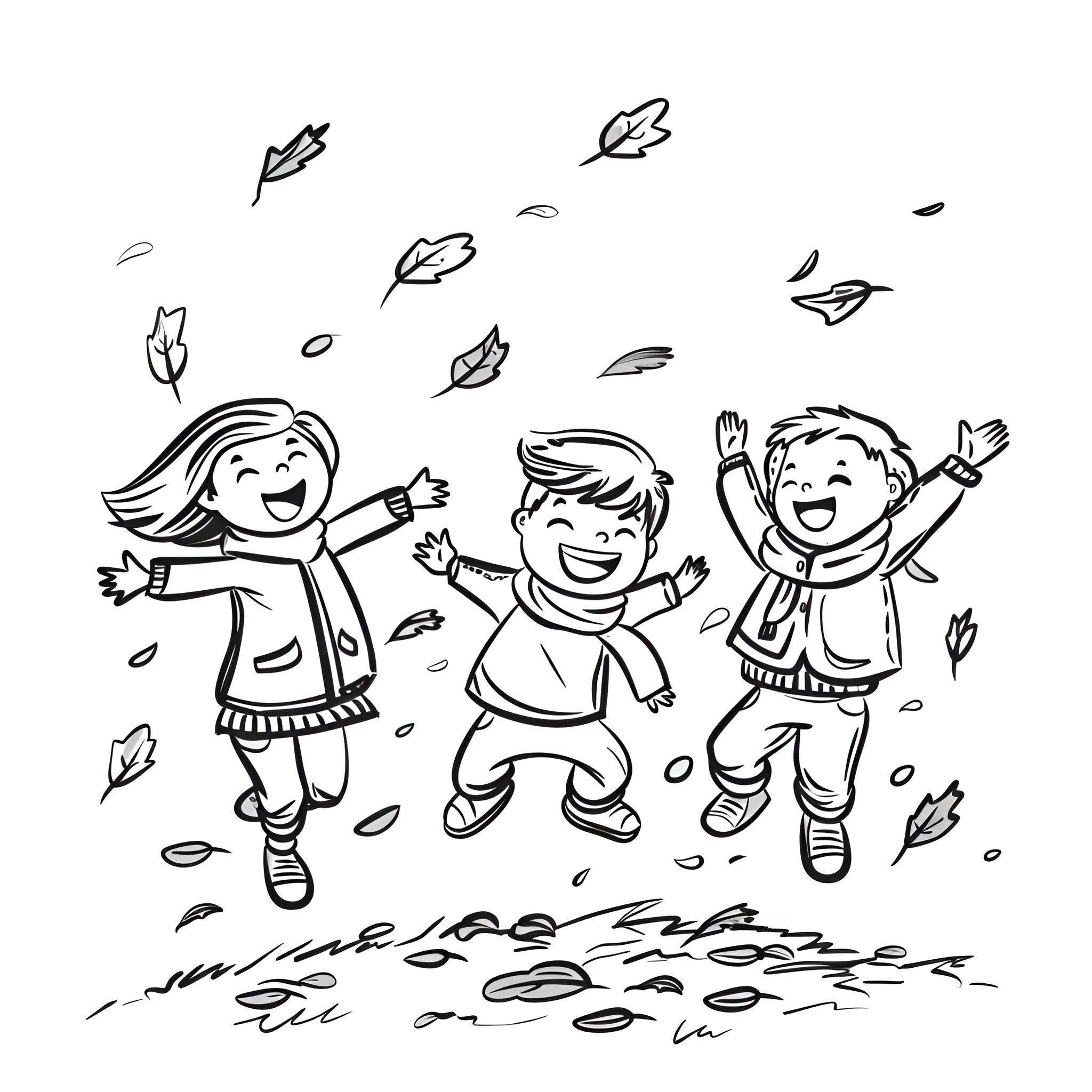 Fall Season Friends Joyfully Playing in Leaves Drawing Idea (free black-and-white line drawing printable PDF for all, from beginners to advanced learners, including children, teens, adults, and seniors)