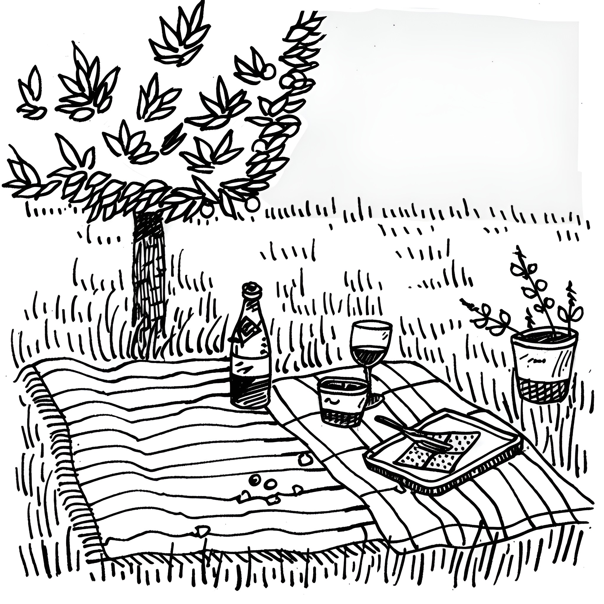 Creative nature-inspired picnic scene Drawing Idea (free black-and-white line drawing printable PDF for all, from beginners to advanced learners, including children, teens, adults, and seniors)