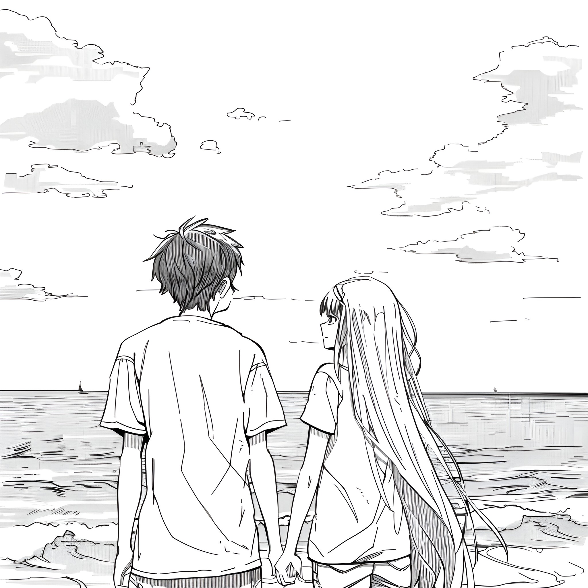 Anime couple gazing at the horizon Drawing Idea (free black-and-white line drawing printable PDF for all, from beginners to advanced learners, including children, teens, adults, and seniors)