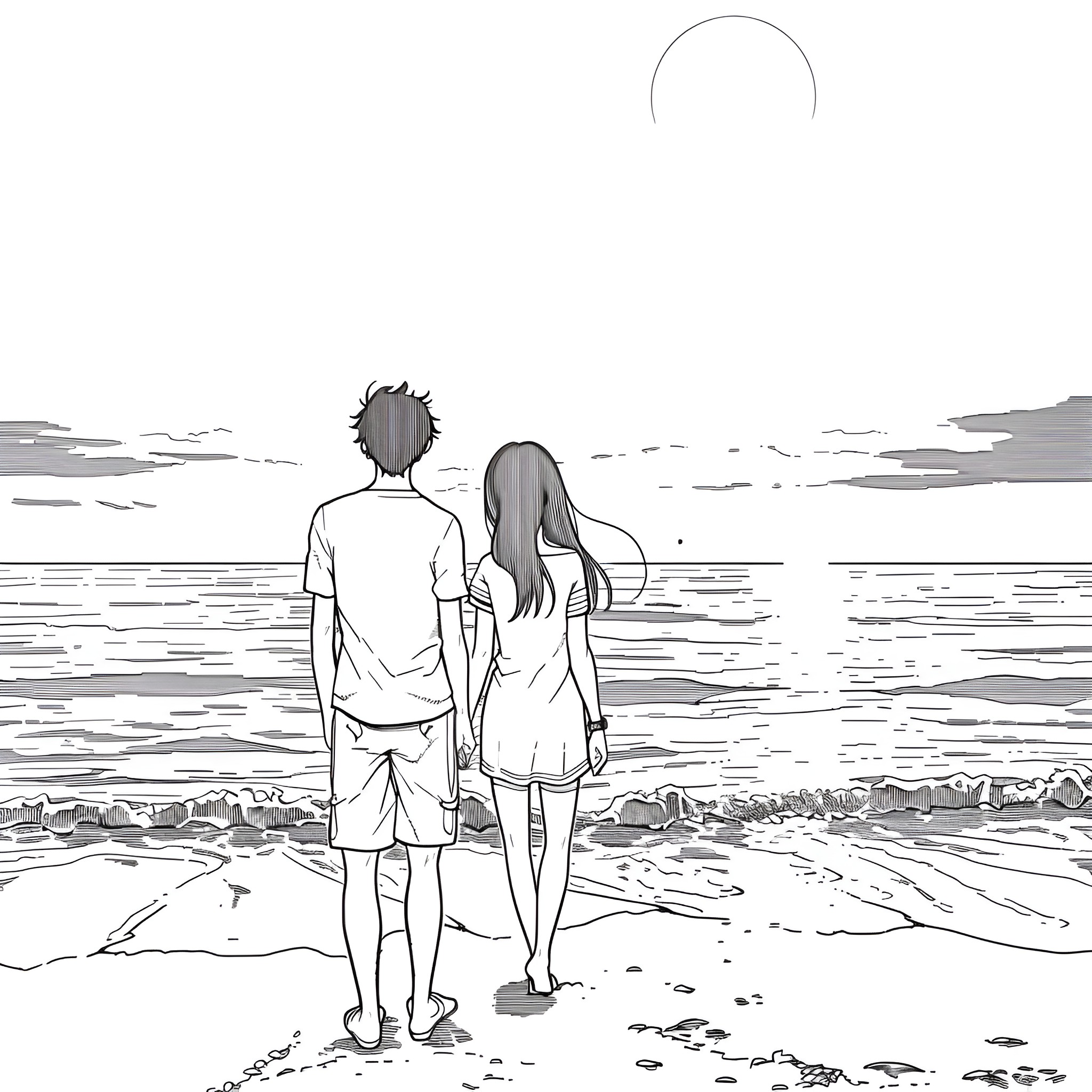 Anime couple strolling along the beach Drawing Idea (free black-and-white line drawing printable PDF for all, from beginners to advanced learners, including children, teens, adults, and seniors)