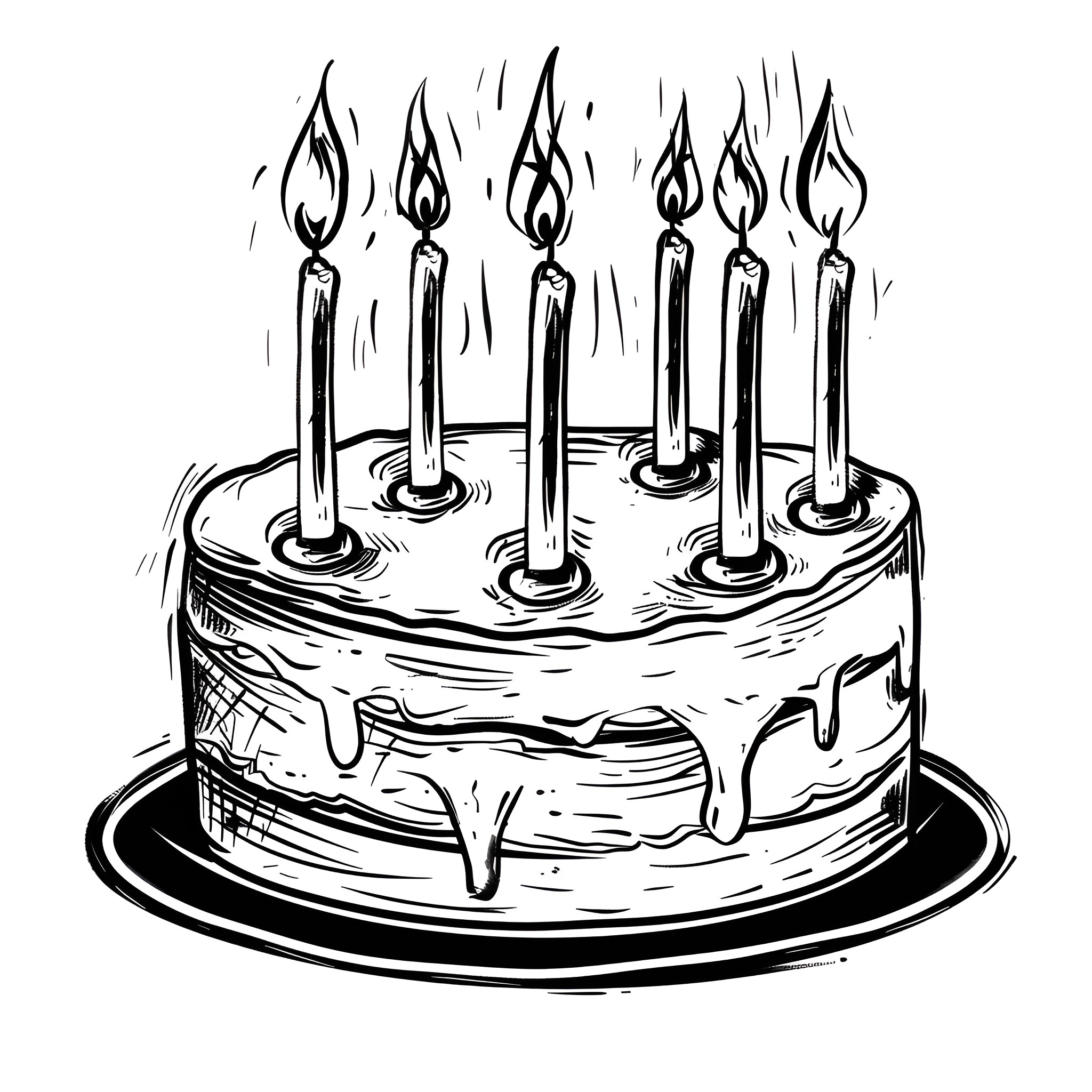 Small Candle-lit Birthday Cake Drawing Idea (free black-and-white line drawing printable PDF for all, from beginners to advanced learners, including children, teens, adults, and seniors)