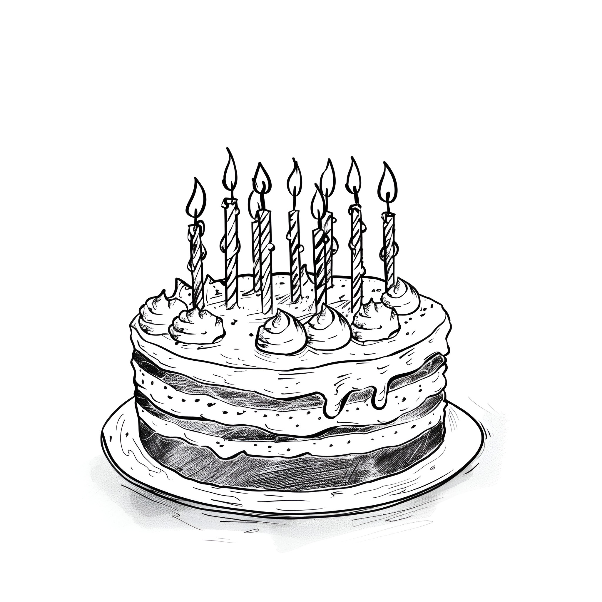 Small birthday cake with lit candles Drawing Idea (free black-and-white line drawing printable PDF for all, from beginners to advanced learners, including children, teens, adults, and seniors)