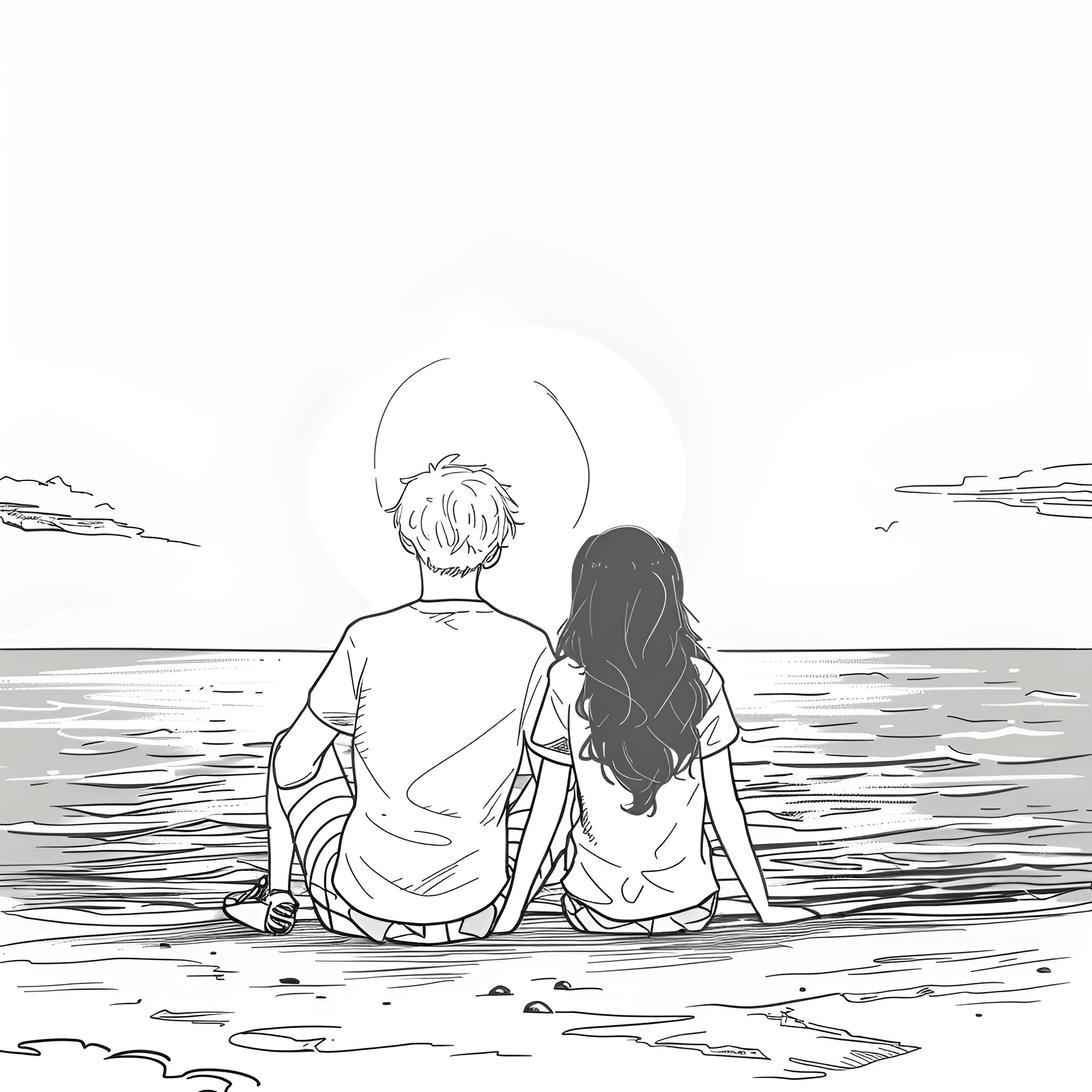 Anime couple sharing a peaceful moment Drawing Idea (free black-and-white line drawing printable PDF for all, from beginners to advanced learners, including children, teens, adults, and seniors)