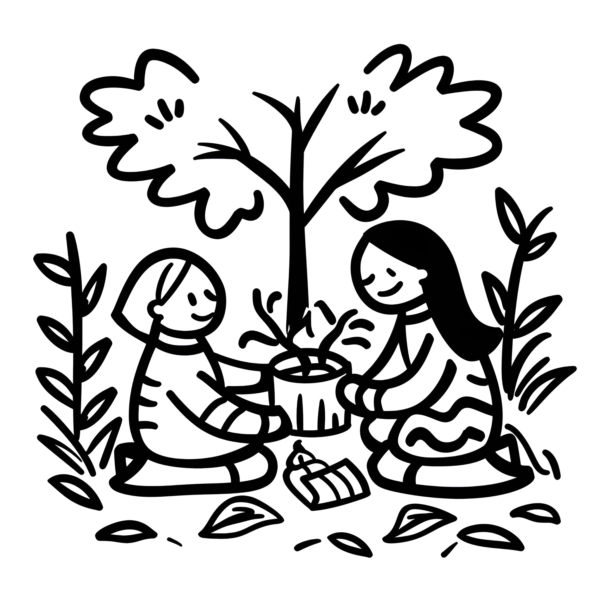 Fall Season Friends Gathering Outdoors Drawing Idea (free black-and-white line drawing printable PDF for all, from beginners to advanced learners, including children, teens, adults, and seniors)